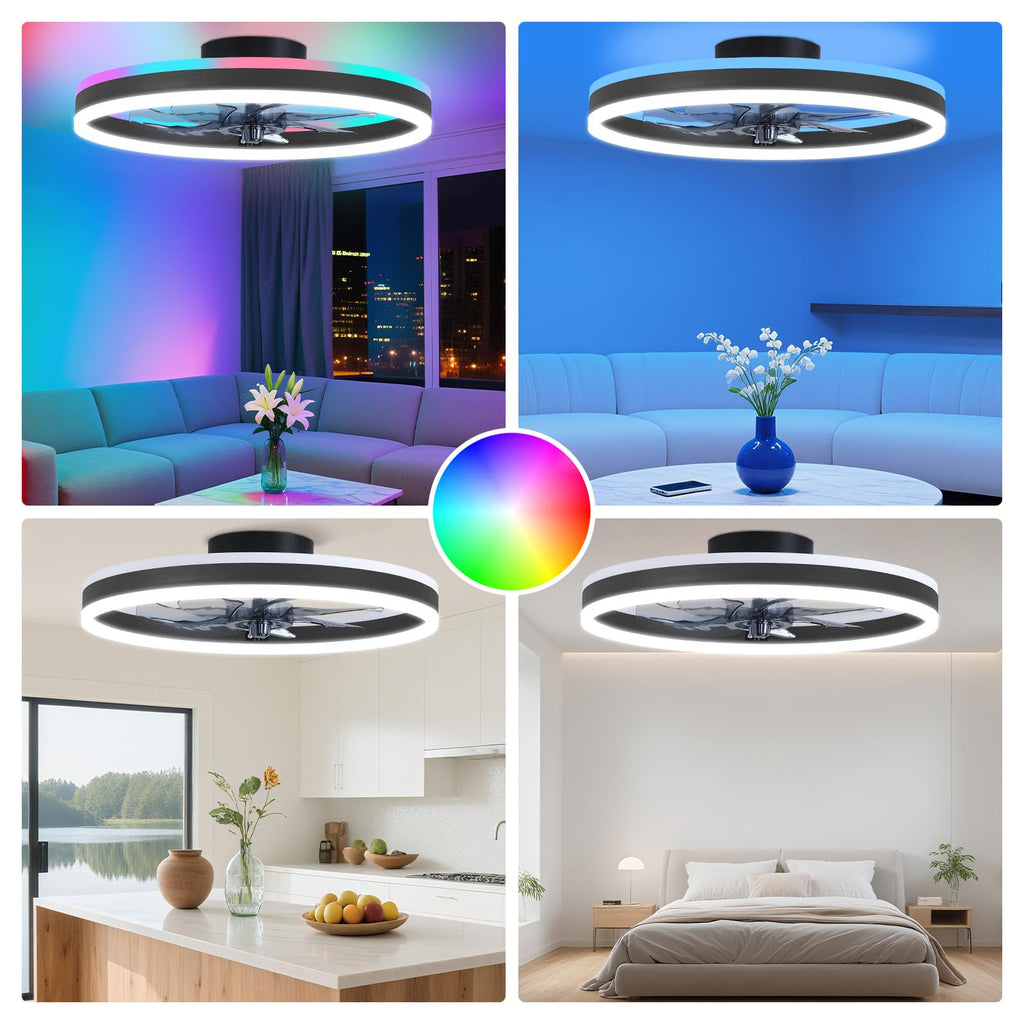 16 Inch RGB Low Profile Ceiling Fans with Lights, Modern Flush Mount Fandelier Chandelier Fixture, Remote & APP Control, Black LED Ceiling Fan Light for Bedroom, Living Room, Kitchen Indoor