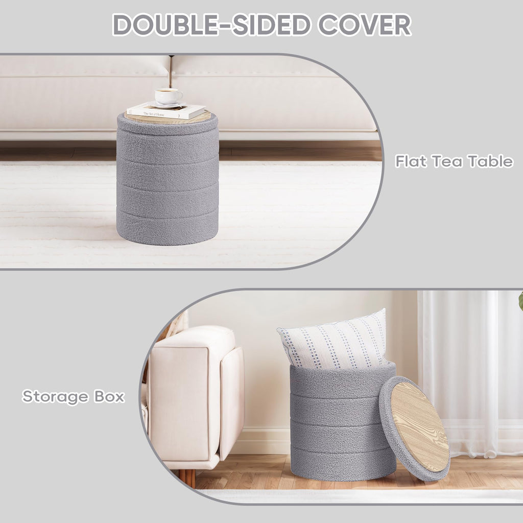 PINPLUS Round Storage Ottoman Foot Rest Stool with Tray Velvet Sherpa Folding Storage Ottoman,Boucle Foot Rest for Living Room, Bedroom, Dorm（Beige）