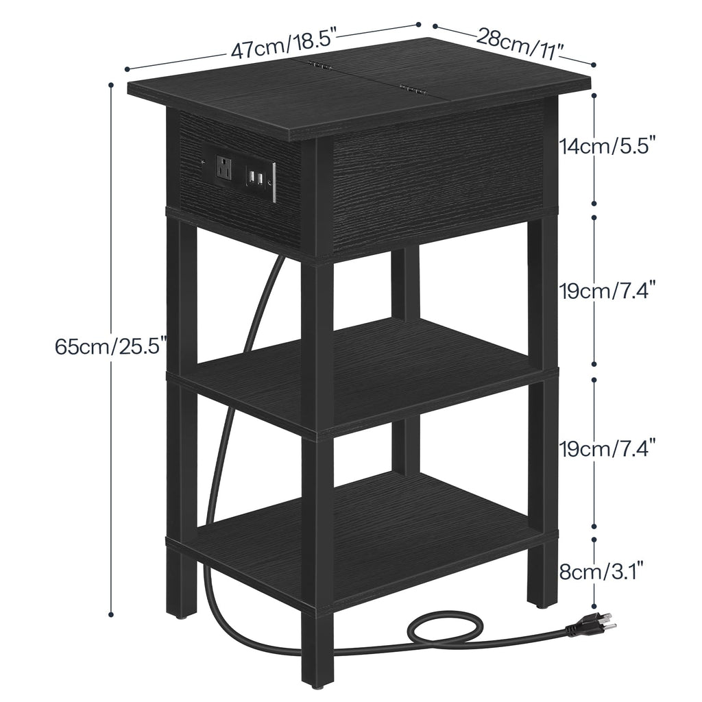 HOOBRO End Table with Charging Station, Flip Top Side Table with USB Ports, Narrow Nightstand Bedside Tables with Storage Shelves, for Small Space, Living Room, Black BK141UBZ01