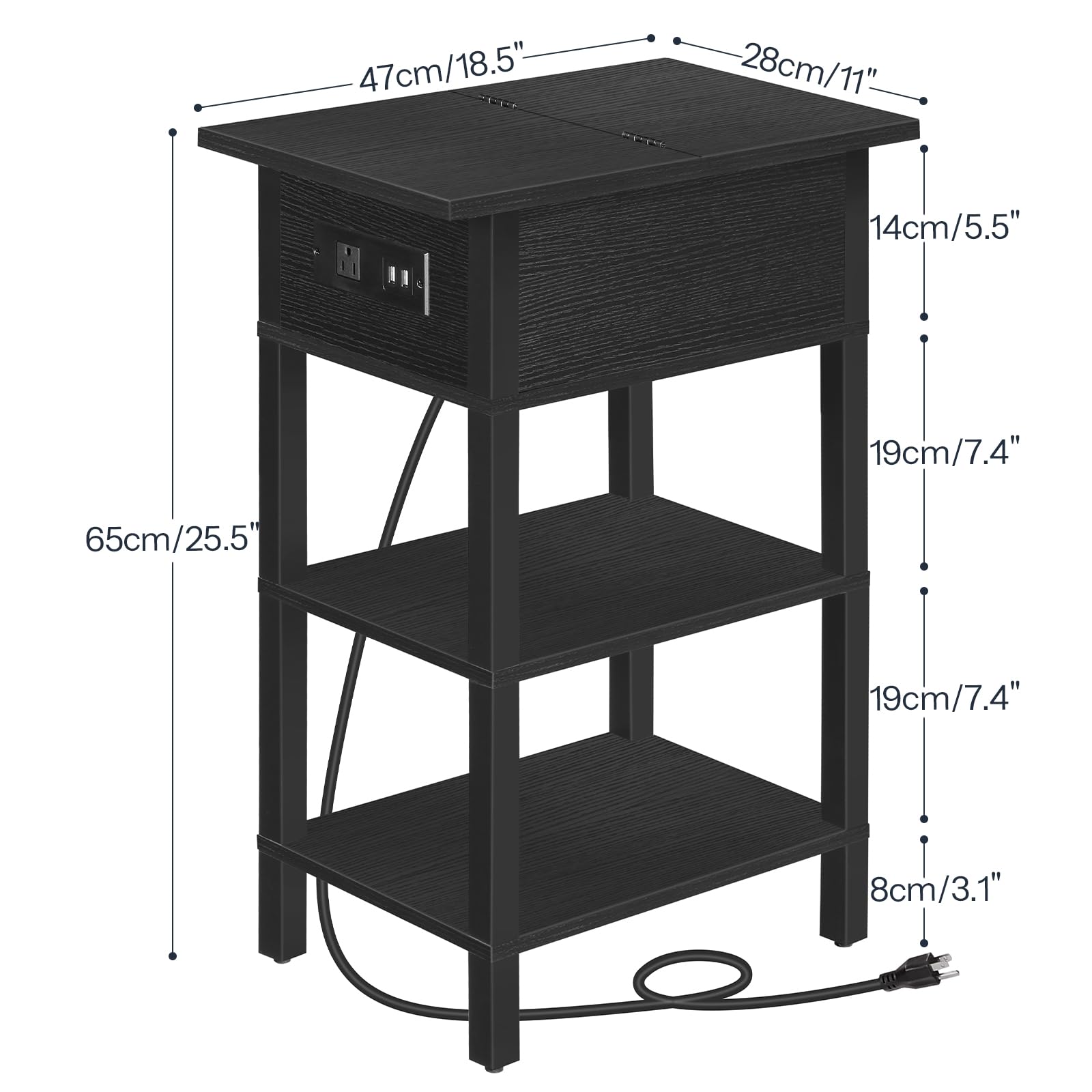 HOOBRO End Table with Charging Station, Flip Top Side Table with USB Ports, Narrow Nightstand Bedside Tables with Storage Shelves, for Small Space, Living Room, Black BK141UBZ01