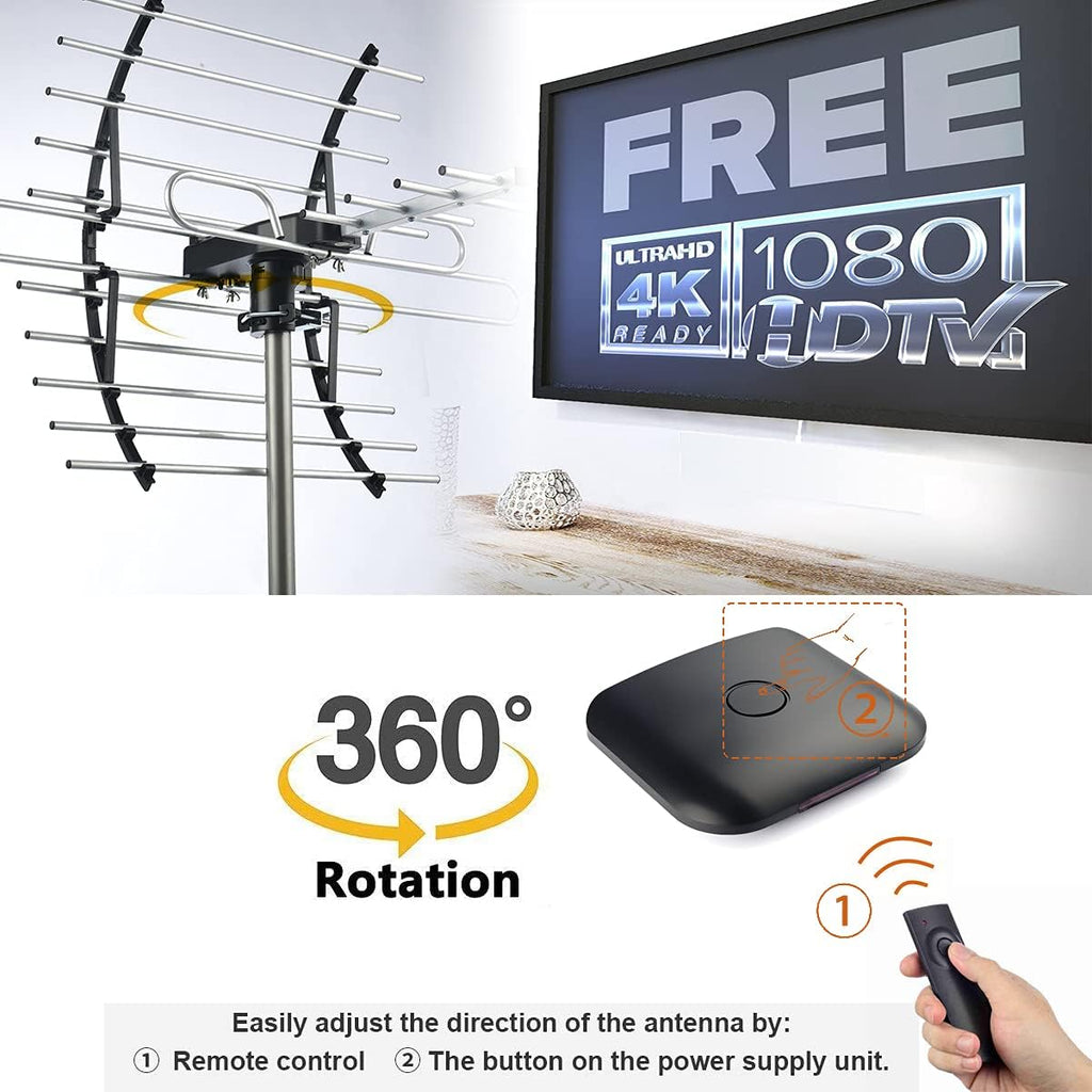 PIBIDI Digital HD TV Antenna, Amplified Attic/Outdoor Antenna, 360 Degree Rotation Wireless Remote, 4K 1080P VHF UHF, Mounting Pole Included, 200 Miles Range