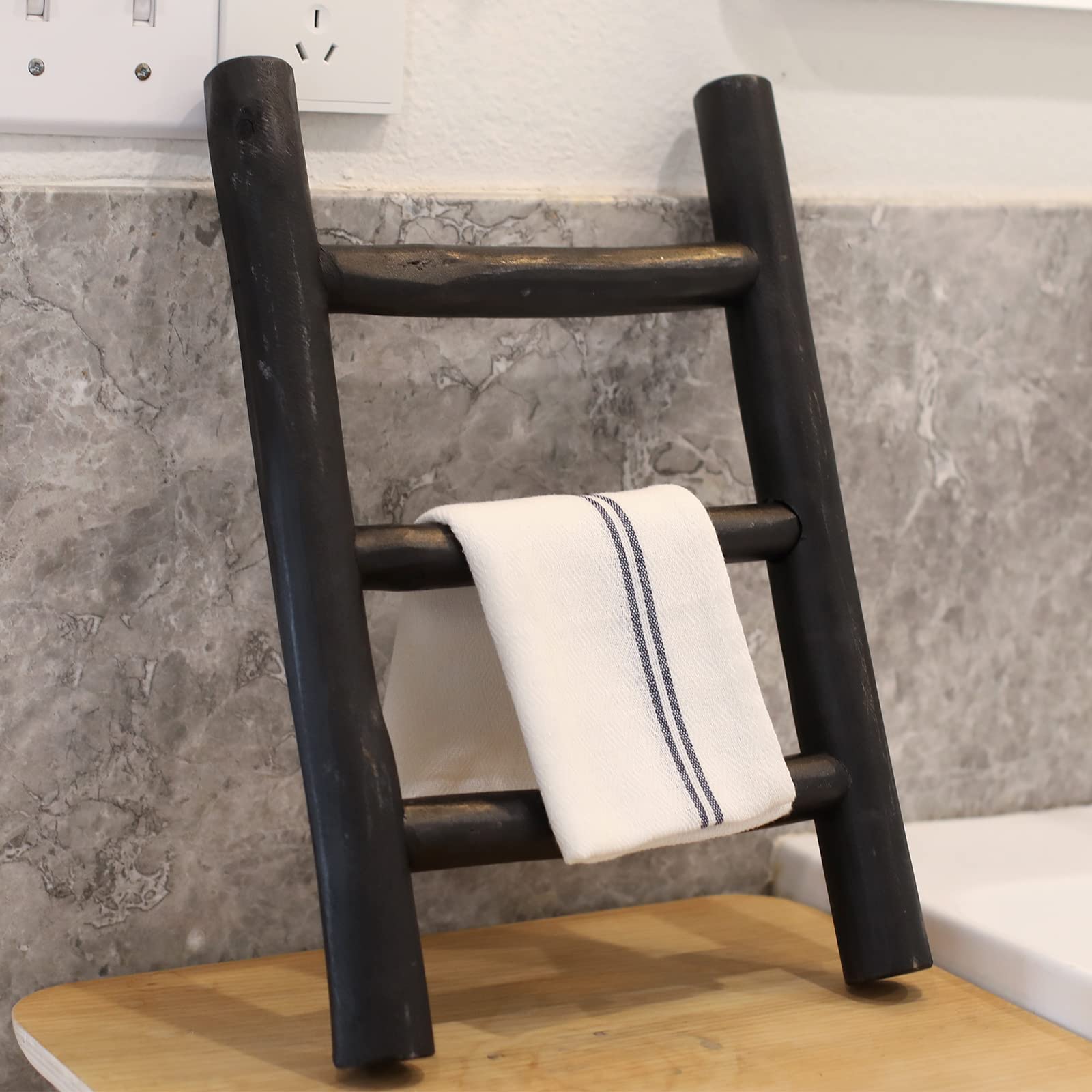 FUIN 57in Wood Blanket Ladder Living Room Decorative Wall Leaning Farmhouse Quilt Display Holder Rustic Wooden Towel Rack for Bathroom, Black