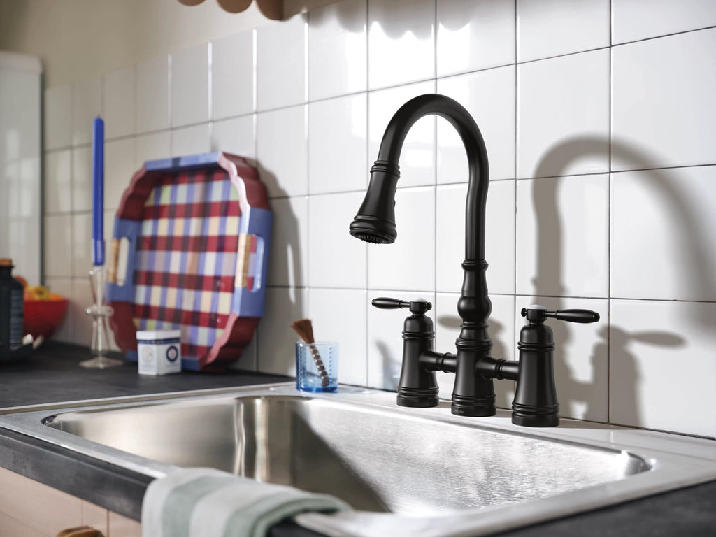 Moen Brushed Gold Weymouth Two Handle Pulldown Bridge Kitchen Faucet, S73204BG