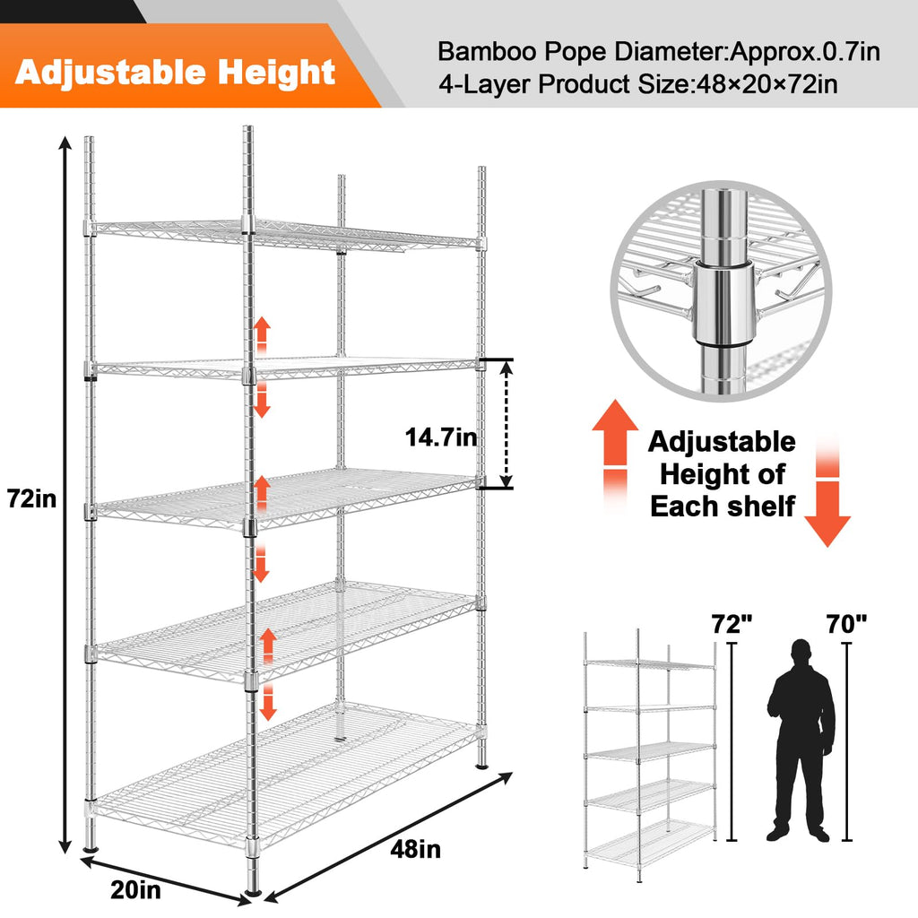 Land Guard 5 Tier Black Storage Racks and Shelving - 48" L x 20" W x 72" H Heavy Steel Material Pantry Shelves - Each Unit Loads 350 Pounds Wire Shelf, Suitable for Warehouses, Closets, Kitchens……