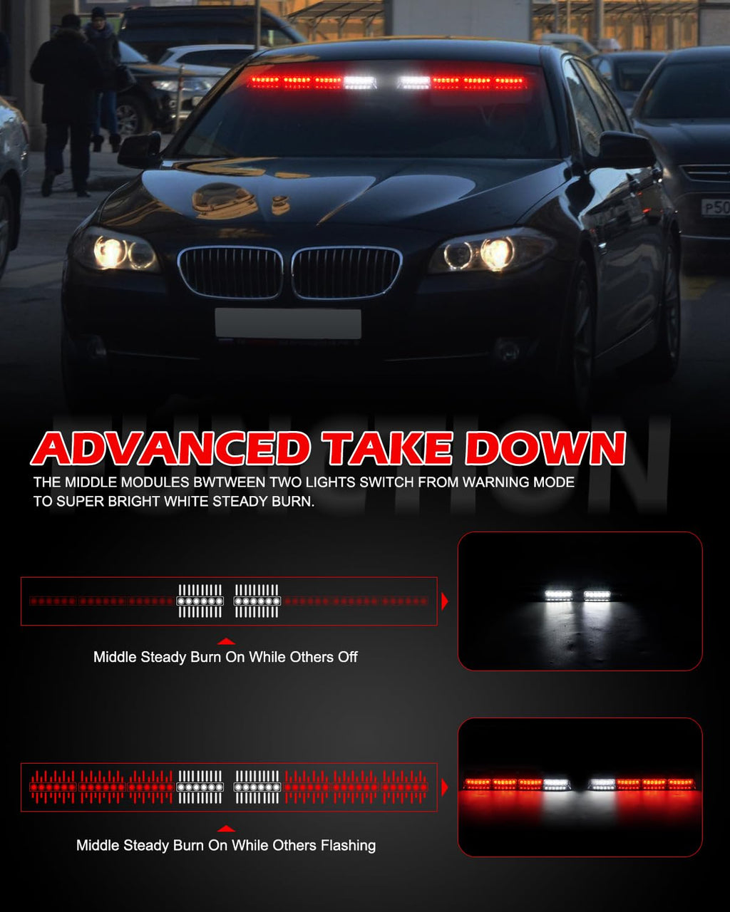 HLauto 604N Emergency Dash Strobe Lights: 2x16.8 inch Amber White Security Light w/Take Down, 48 LED Safety Flashing Warning Hazard Interior Windshield Light Bar for Truck Vehicle