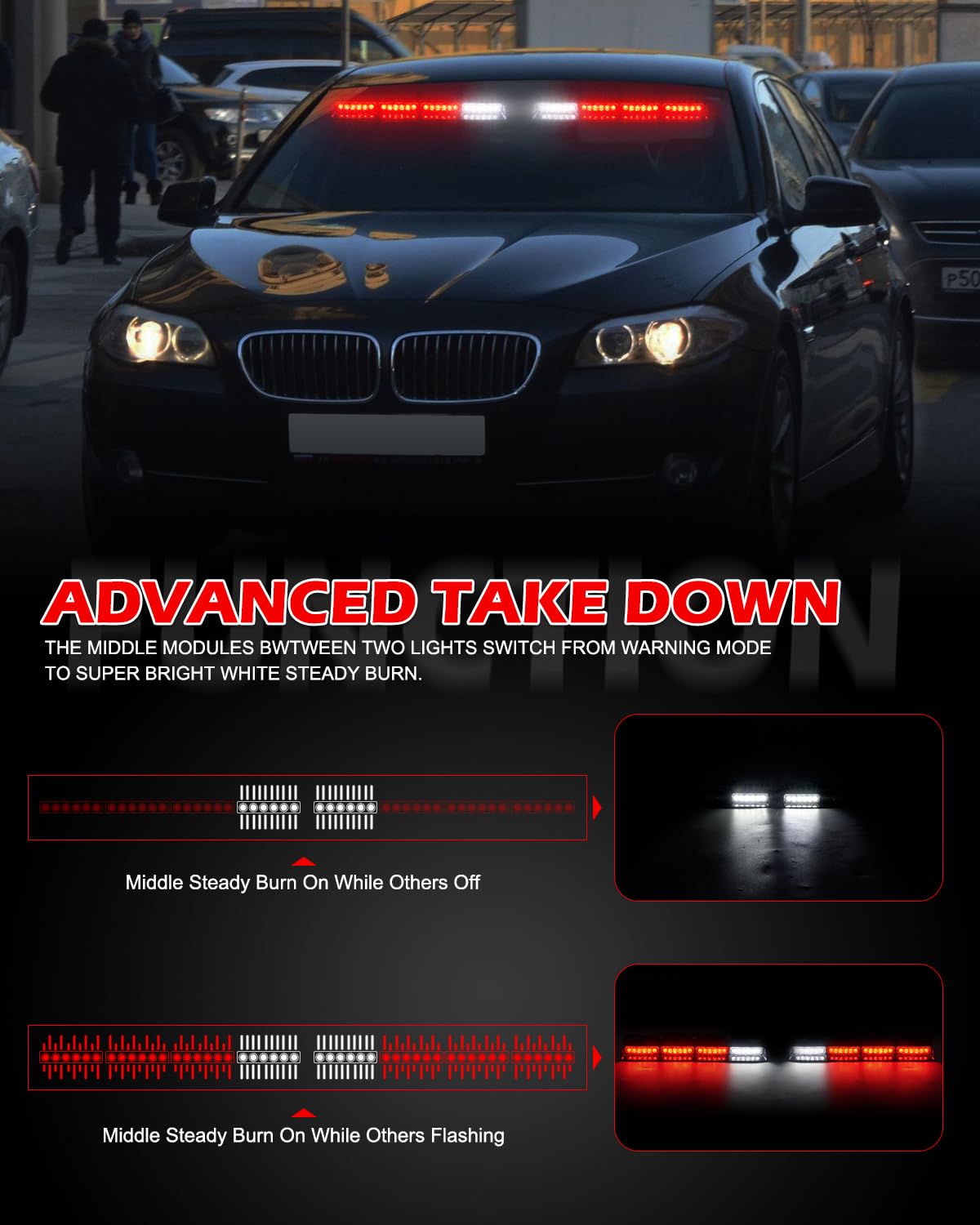 HLauto 604N Emergency Dash Strobe Lights: 2x16.8 inch Amber White Security Light w/Take Down, 48 LED Safety Flashing Warning Hazard Interior Windshield Light Bar for Truck Vehicle