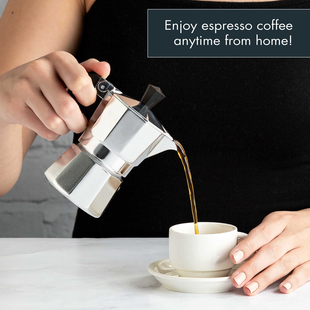 Primula Classic Moka Pot Stovetop Espresso and Coffee Maker, Italian and Cuban Cafetera for Rich Espresso Brewing, Durable Aluminum Greca Coffee Maker with Easy Grip Handle, 6-Cup, Black