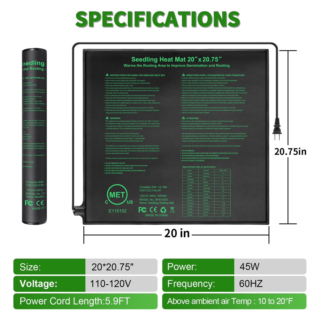 Seedling Heat Mat Hydroponic Plants Heating Pad, Seed Starting Greenhouse and Germination, Waterproof Durable Heating Pad for Indoor Home Gardening Seed Starter(10“x20.75”)