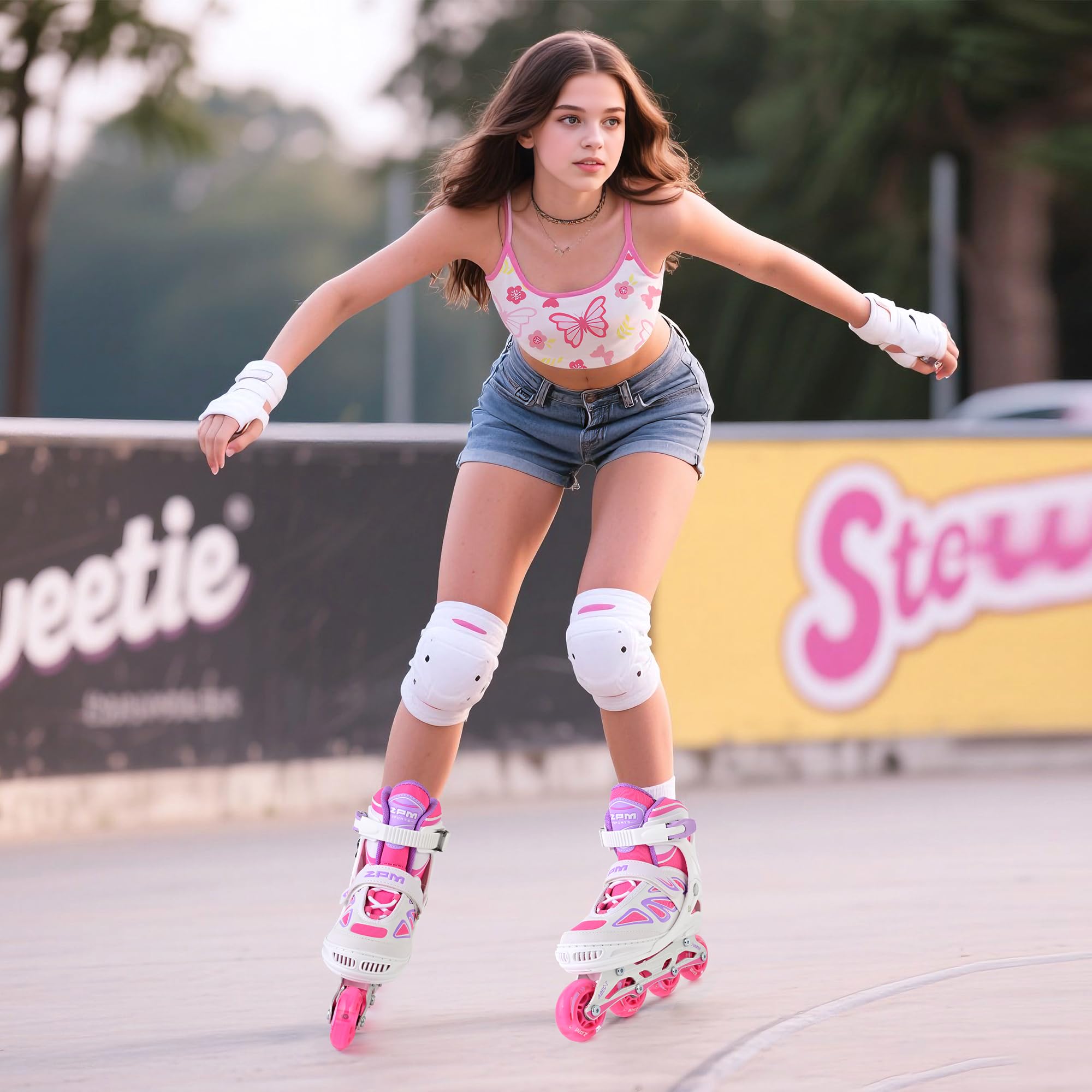 2PM SPORTS Vinal Girls Adjustable Flashing Inline Skates, All Wheels Light Up, Fun Illuminating Skates for Kids Men Adult Women and Boys