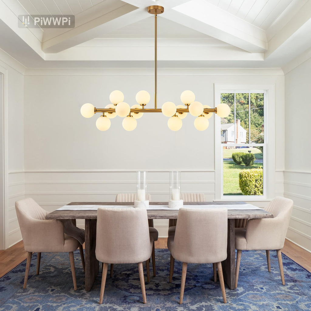 Modern Linear Chandeliers for Dining Room, 8-Light Globe Sputnik Pendant Ceiling Light, Black Dining Room Light Fixture Over Table, Mid Century Glass Milk White Bubble, 31.5 Inch, GC-09