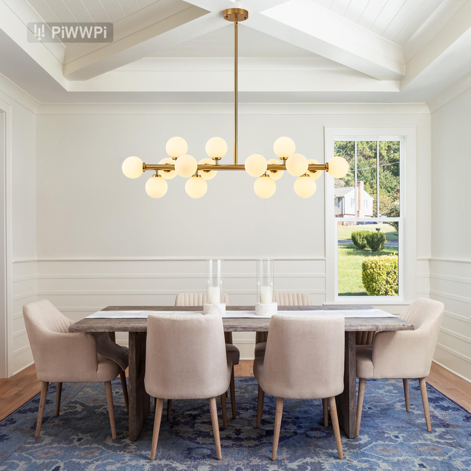 Modern Linear Chandeliers for Dining Room, 8-Light Globe Sputnik Pendant Ceiling Light, Black Dining Room Light Fixture Over Table, Mid Century Glass Milk White Bubble, 31.5 Inch, GC-09