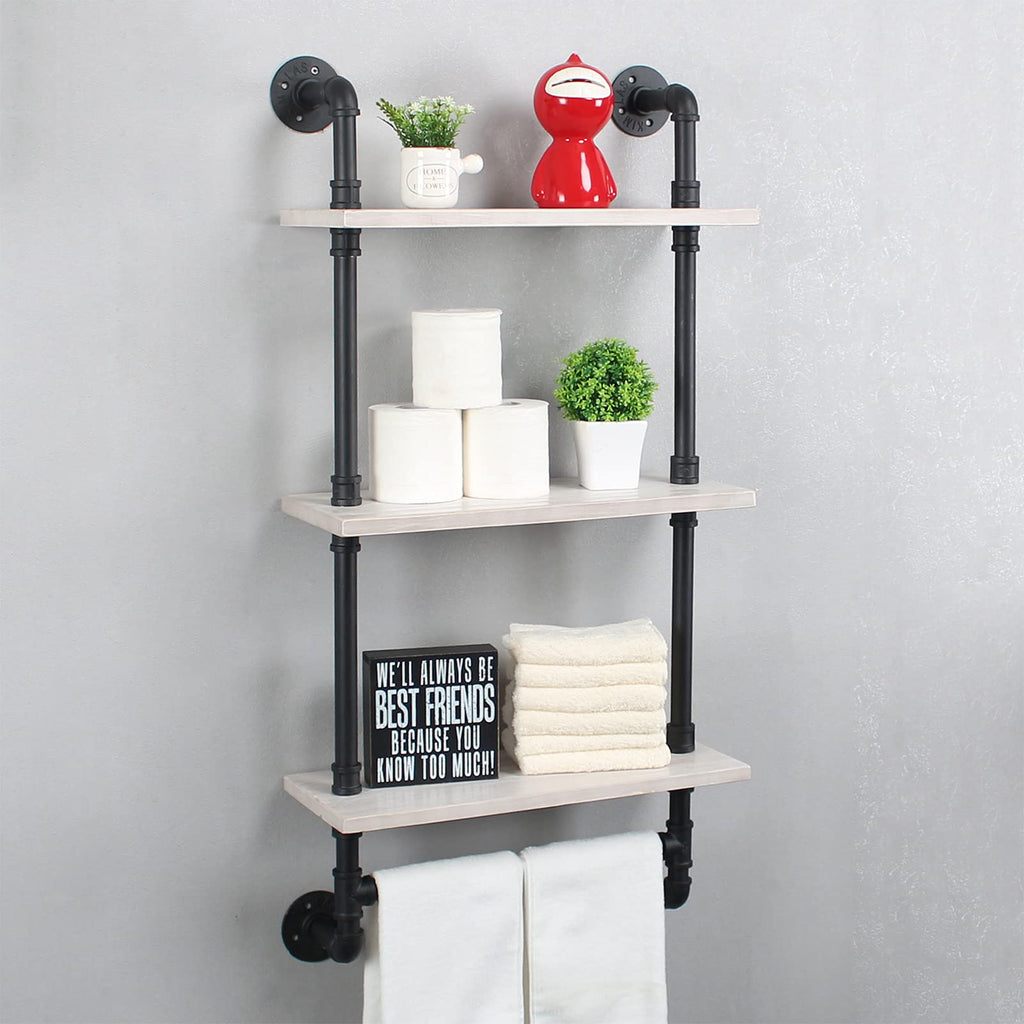 MBQQ Industrial Pipe Shelf Bathroom Shelves Wall Mounted,19.6in Rustic Wood Shelf with Towel Bar,1 Tier Farmhouse Towel Rack,Pipe Shelving Floating Shelves Towel Holder,Black & White