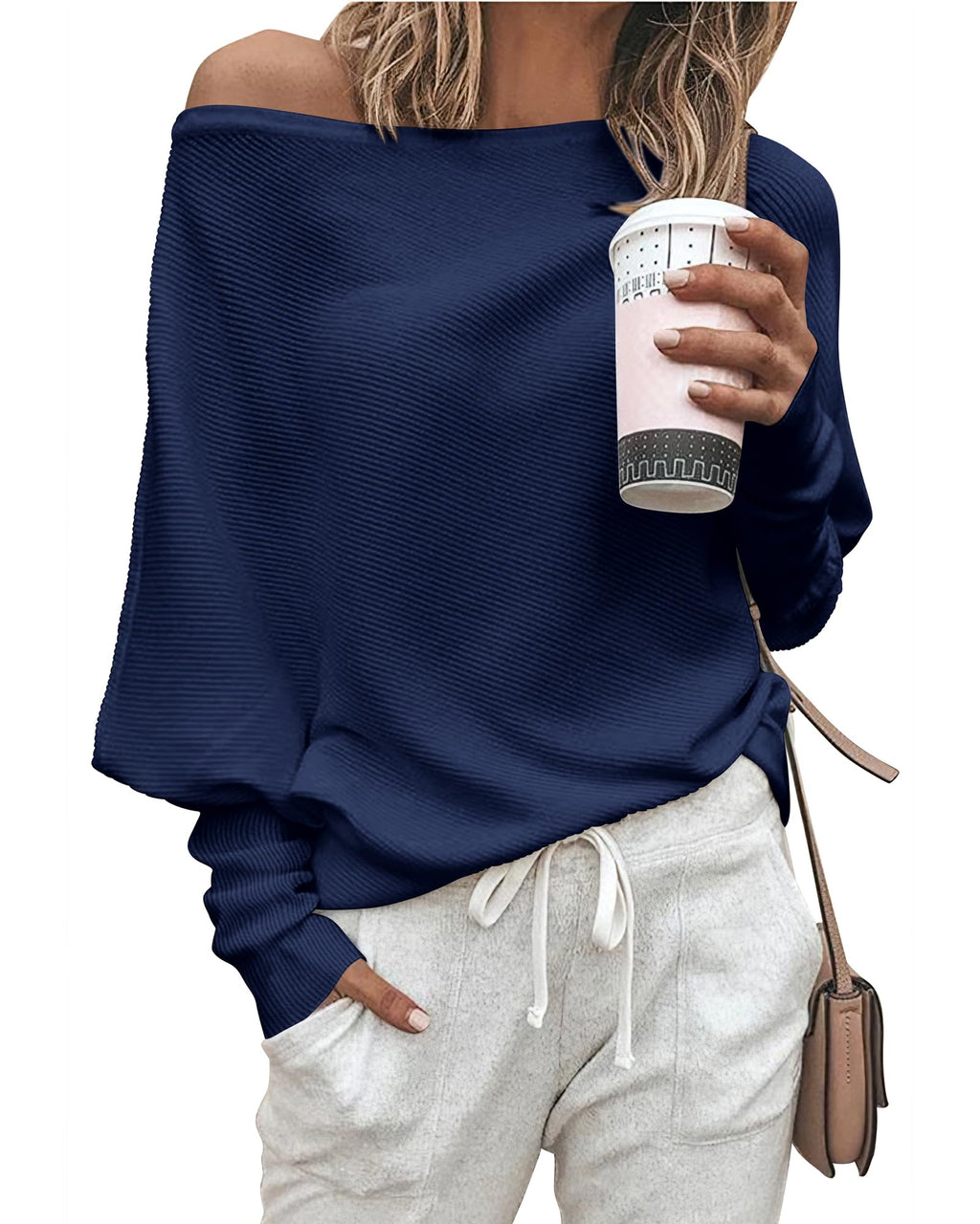 Zenlonr Women's Fall Sweaters 2026 Casual Long Batwing Sleeve Loose Off Shoulder Knit Pullovers Jumper Tops
