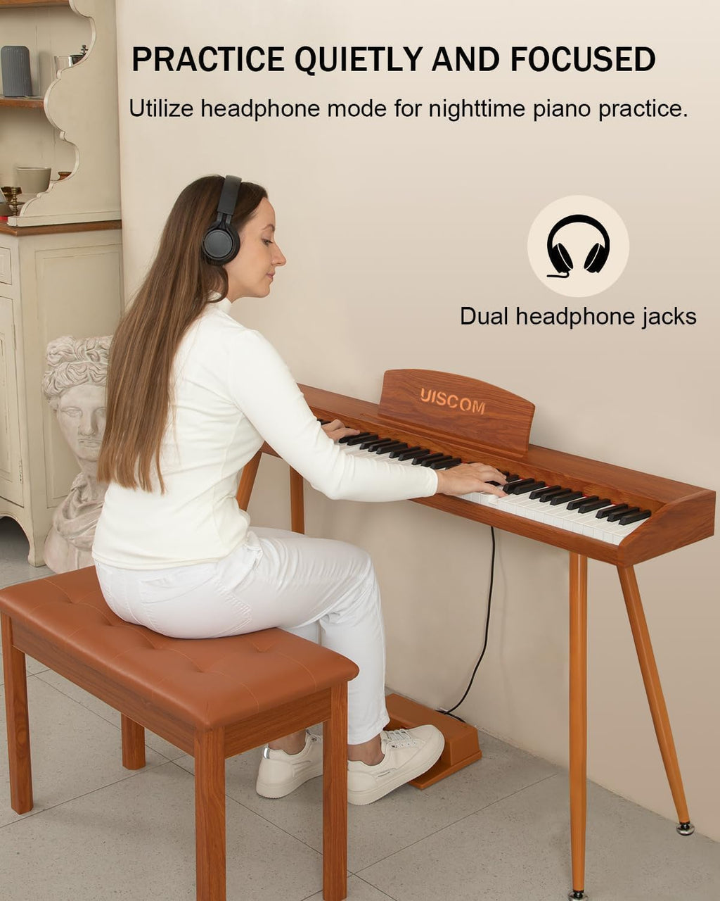 UISCOM Digital Piano Keyboard for Beginners, Full Size 88 Key Semi-Weighted Keyboard Electric Piano with Stand,Power Adapter,Sheet Music Stand,Pedal,Headphone,USB-MIDI Compatible,Wood Grain Apricot