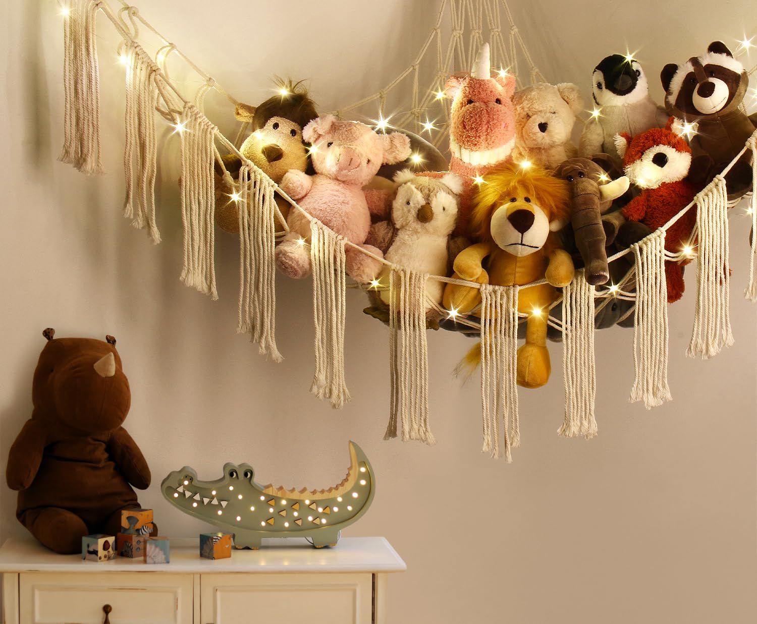 Stuffed Animal Hammock Corner with LED Light - Toy Storage Hammock Plushie Net Large - Cute Stuff Animals Holder Hanging Organizer - Baby Room Decor Kids Toddler Nursery Bedroom Boho