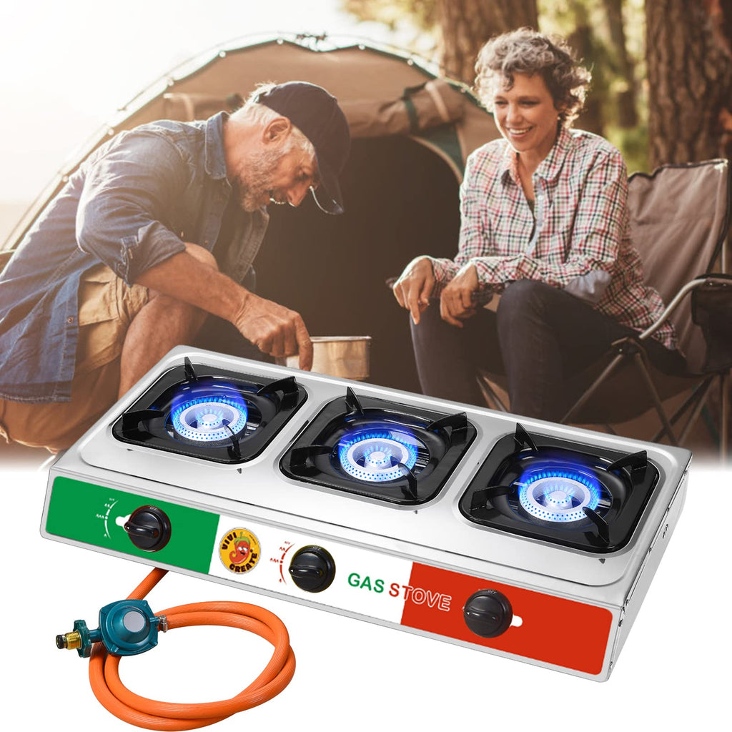 Vivicreate 3 Burner Propane Gas Stove 30000 BTU Stainless Steel Cooktop with Enamel Pan Supports Electronic Ignition for Outdoor Cooking Camping BBQ Estufa de Gas Portátil Fogón de Gas