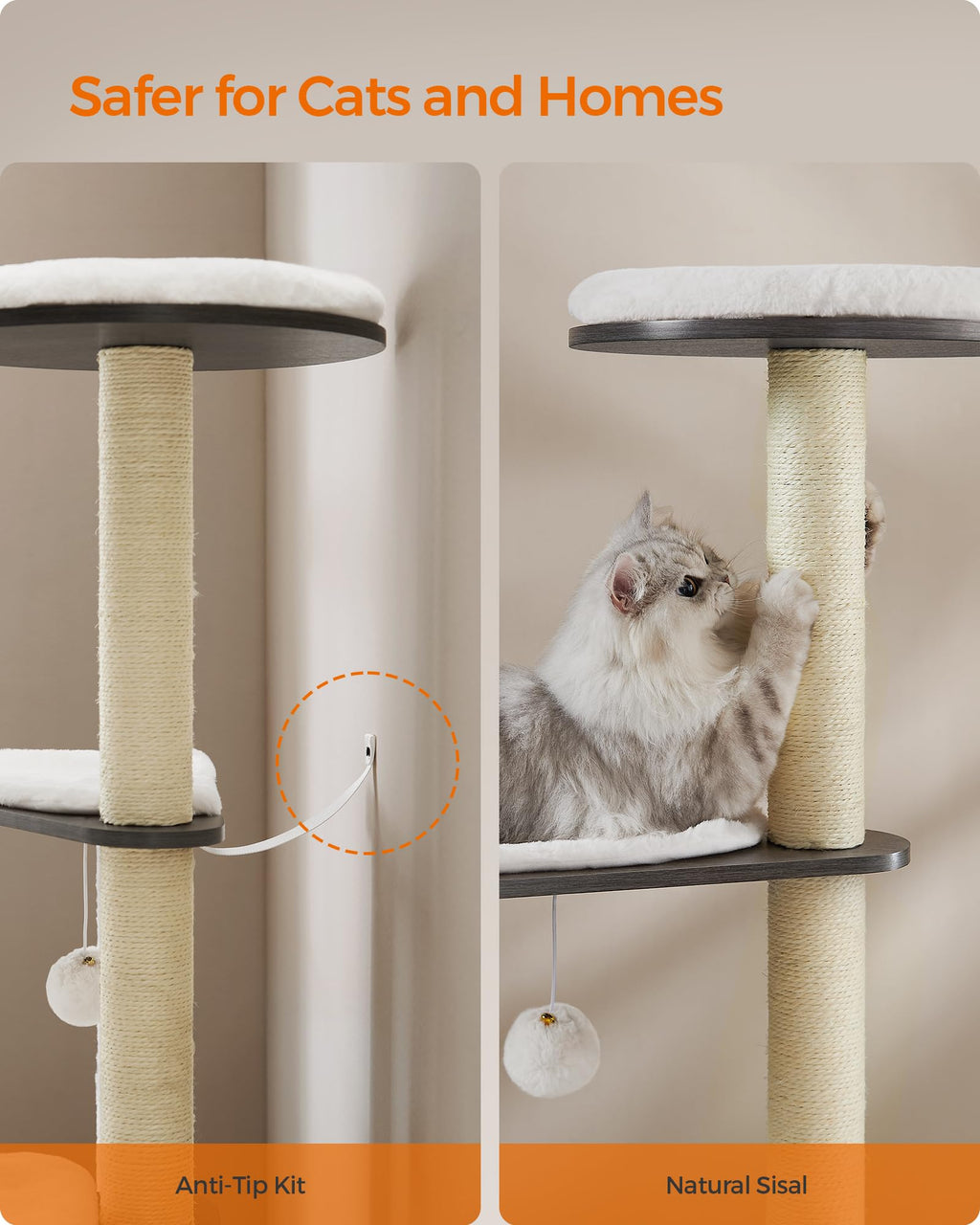 Feandrea Cat Tree, 65-Inch Modern Cat Tower for Indoor Cats, Multi-Level Cat Condo with 5 Scratching Posts, Perch, Washable Removable Cushions, Cat Furniture, Cloud White UPCT166W01