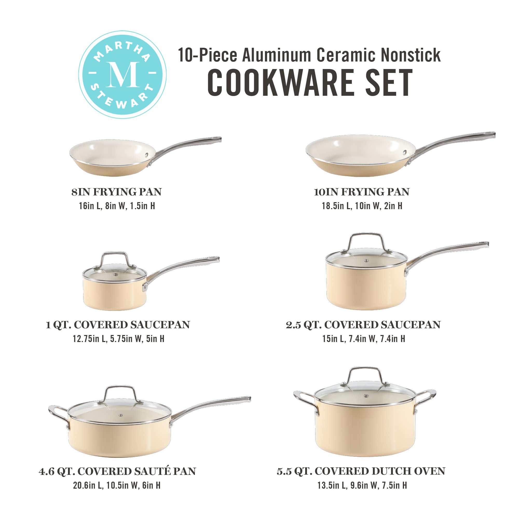 Martha Stewart Lockton Premium Nonstick PFA Free Ceramic Interior 10 Piece Enamel Heavy Gauge Aluminum Pots and Pans Cookware Set - Butter Cream