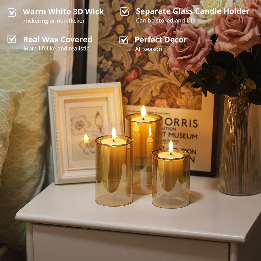 NURADA Flameless Candles with Remote Timer: 3D Wick Battery Operated Led Pillar Acrylic Fake Candle Set for Home Decoration Romantic Ambiance - Gold 2 Pack