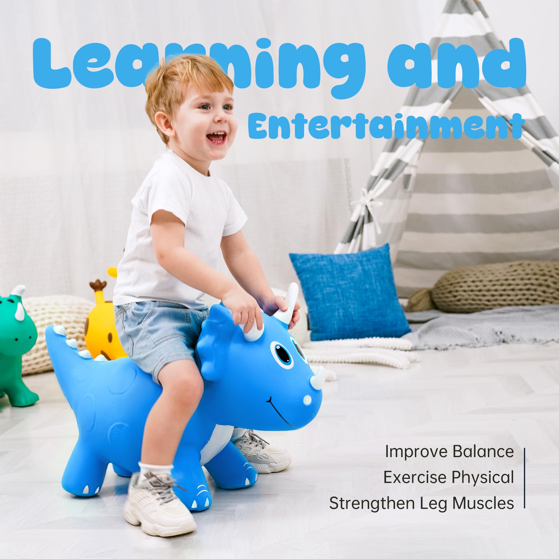 Kids Dinosaur Bouncy Animal Toys, Inflatable Triceratops Bouncer, Ride on Bounce Hopper, Indoor Outdoor Activity Birthday Gift for 18 Months 2 3 4 Years Old Boys