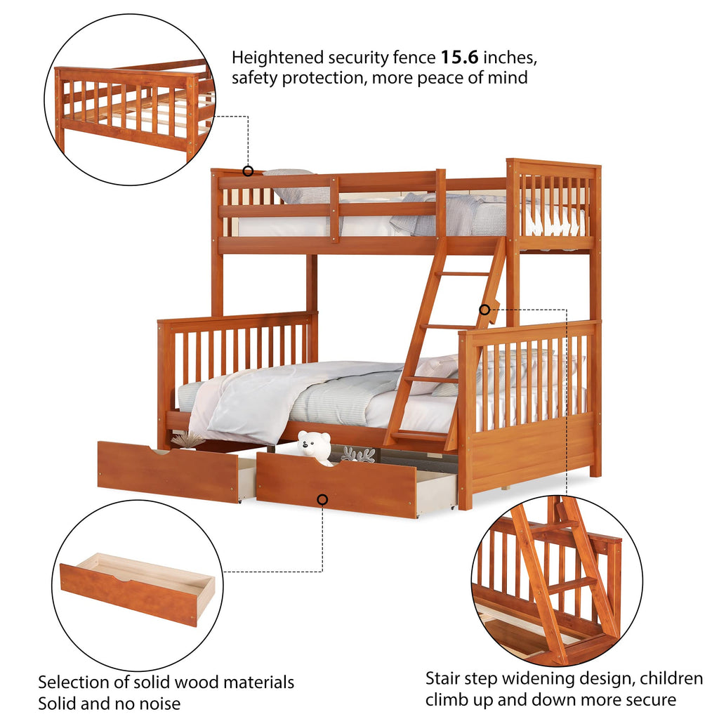 Merax Wood Bunk Bed with Two Drawers,Convertible Wood Bunk Bed with Ladders and Two Storage Drawers,Solid Wood Detachable Bed Frame with Ladders, Twin Over Full Size, Espresso