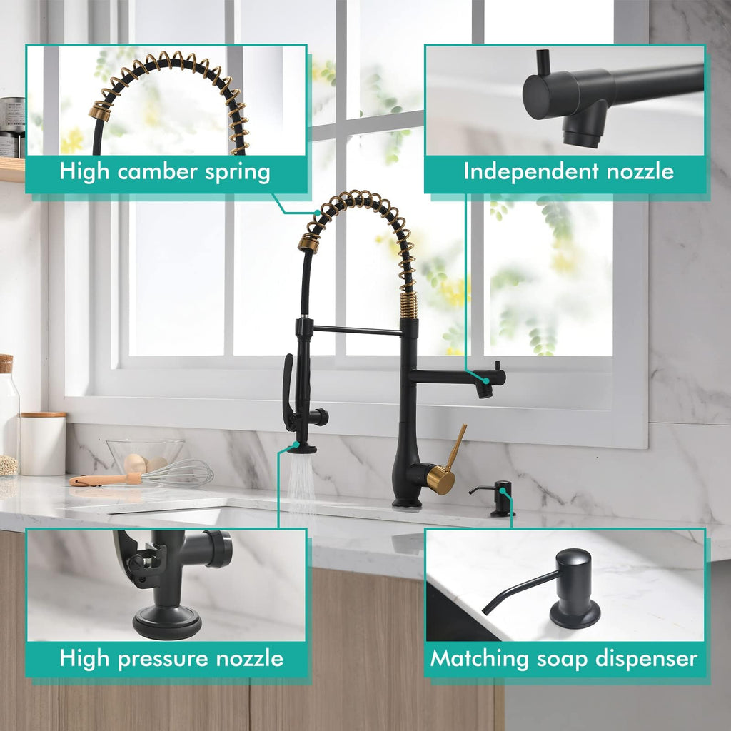 GIMILI Black and Gold Kitchen Faucet with Pull Down Sprayer Single Handle High Pressure Kitchen Sink Faucet Commercial Double-Headed Stainless Steel Kitchen Faucets