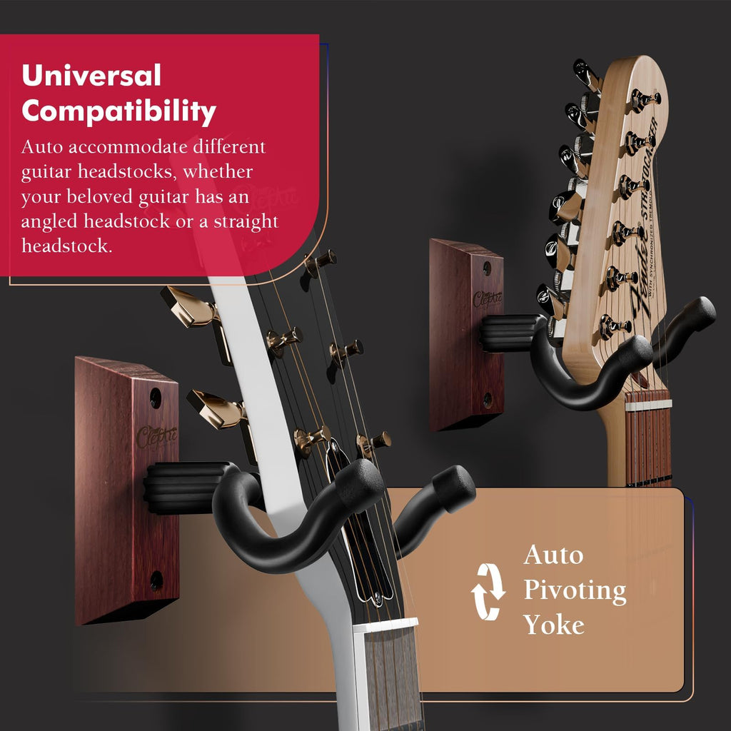 Guitar Wall Mount Beech Wood - 2 Pack U-Shape Guitar Wall Hangers, Guitar Picks, Pick Holder, Guitar Stand Wall, Guitar Hanger, Gifts for Guitarists, with 6 Assorted Guitar Picks