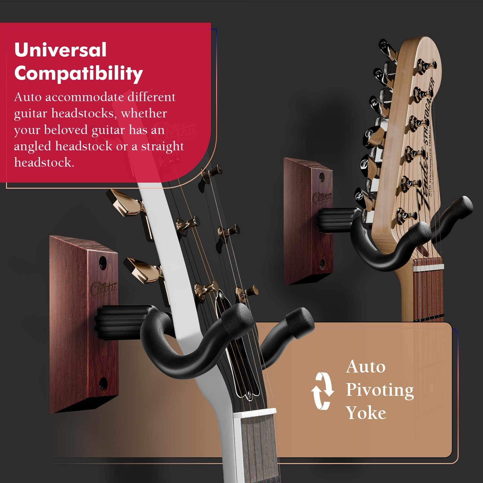 Guitar Wall Mount Beech Wood - 2 Pack U-Shape Guitar Wall Hangers, Guitar Picks, Pick Holder, Guitar Stand Wall, Guitar Hanger, Gifts for Guitarists, with 6 Assorted Guitar Picks