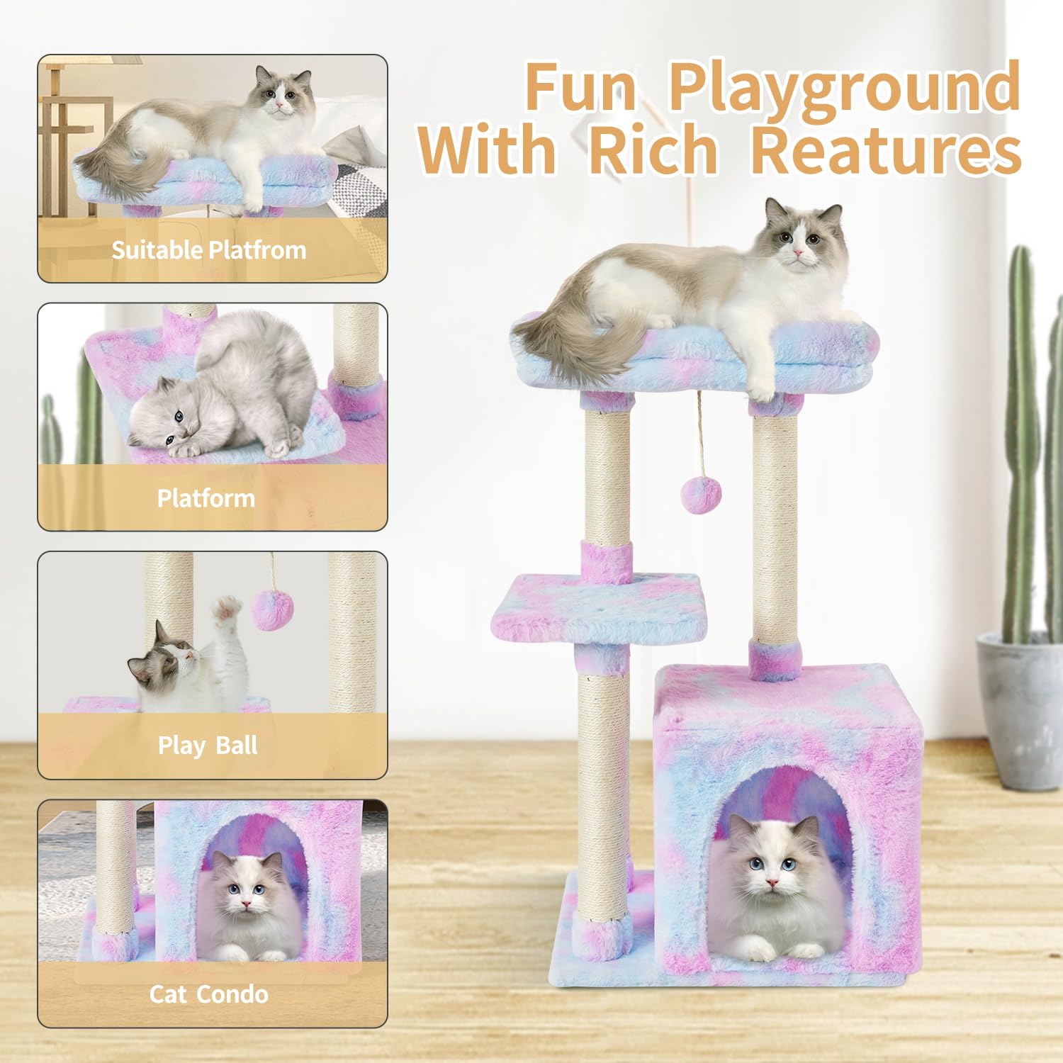FISH&NAP Cute Cat Tree Kitten Cat Tower for Indoor Cat Condo Sisal Scratching Posts with Jump Platform Cat Furniture Activity Center Play House Beige