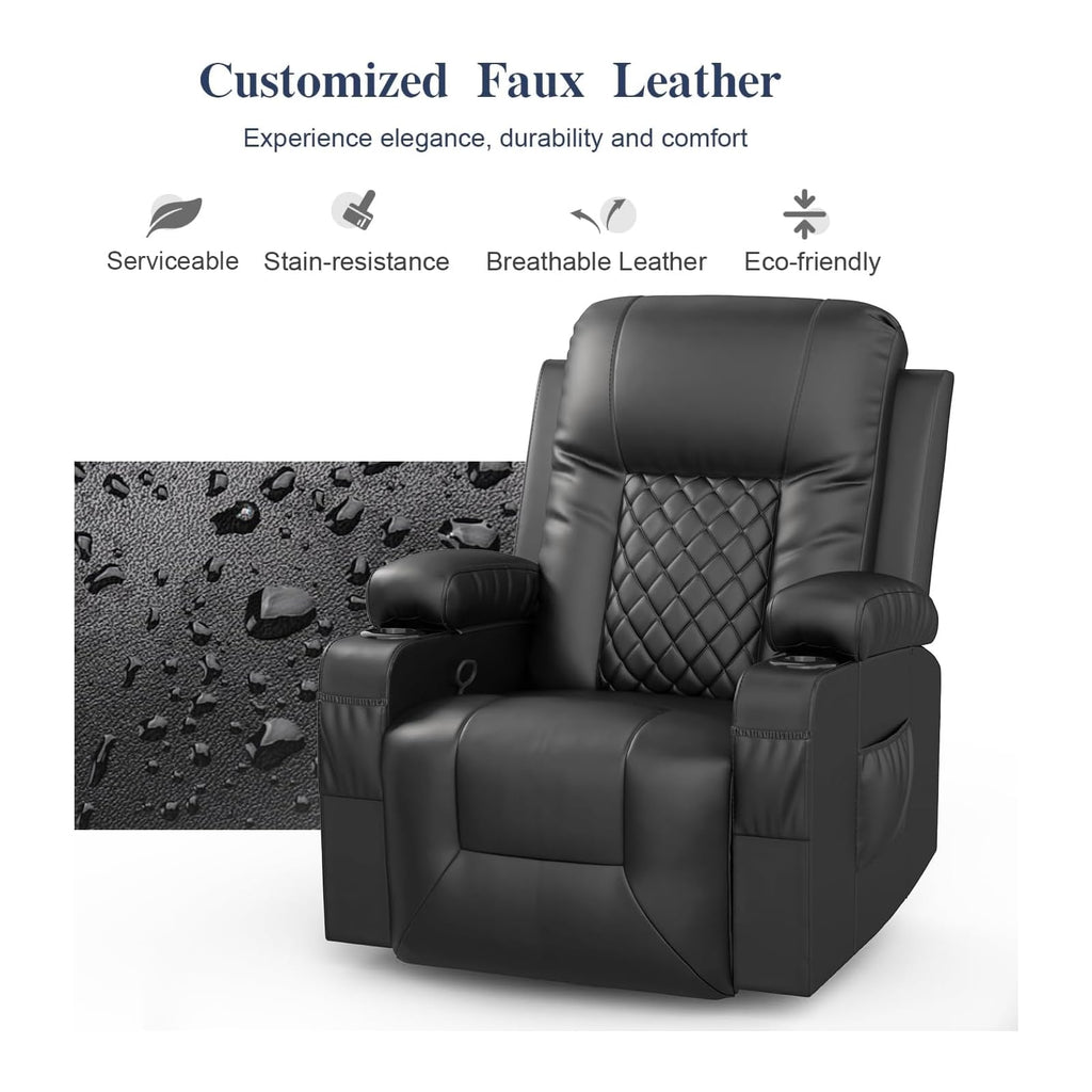 Recliner Chairs for Adults, FSC Certified Massage Reclining Chair with Heated Modern, Ergonomic Lounge Single Reclining Sofa Seat with Cup Holder & Pocket, Living Room Lounge Recliners Black