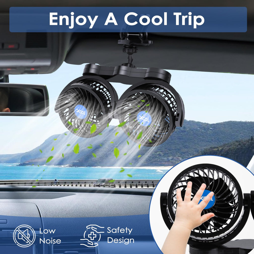 XOOL Clip Car Fan, 9 Inches 12V/24V Fan, 360° Rotatable Electric Cooling Clip on Fan with Stepless Speed Regulation for SUV, RV, Truck