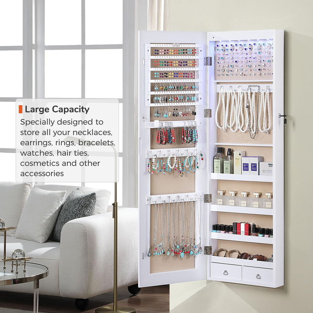 GISSAR Full Length Mirror Jewelry Cabinet, 6 LEDs Jewelry Armoire Wall Mounted Over The Door Hanging, Jewelry Organizer Storage with Lights Lockable, Black, 14.6" x 47.2"