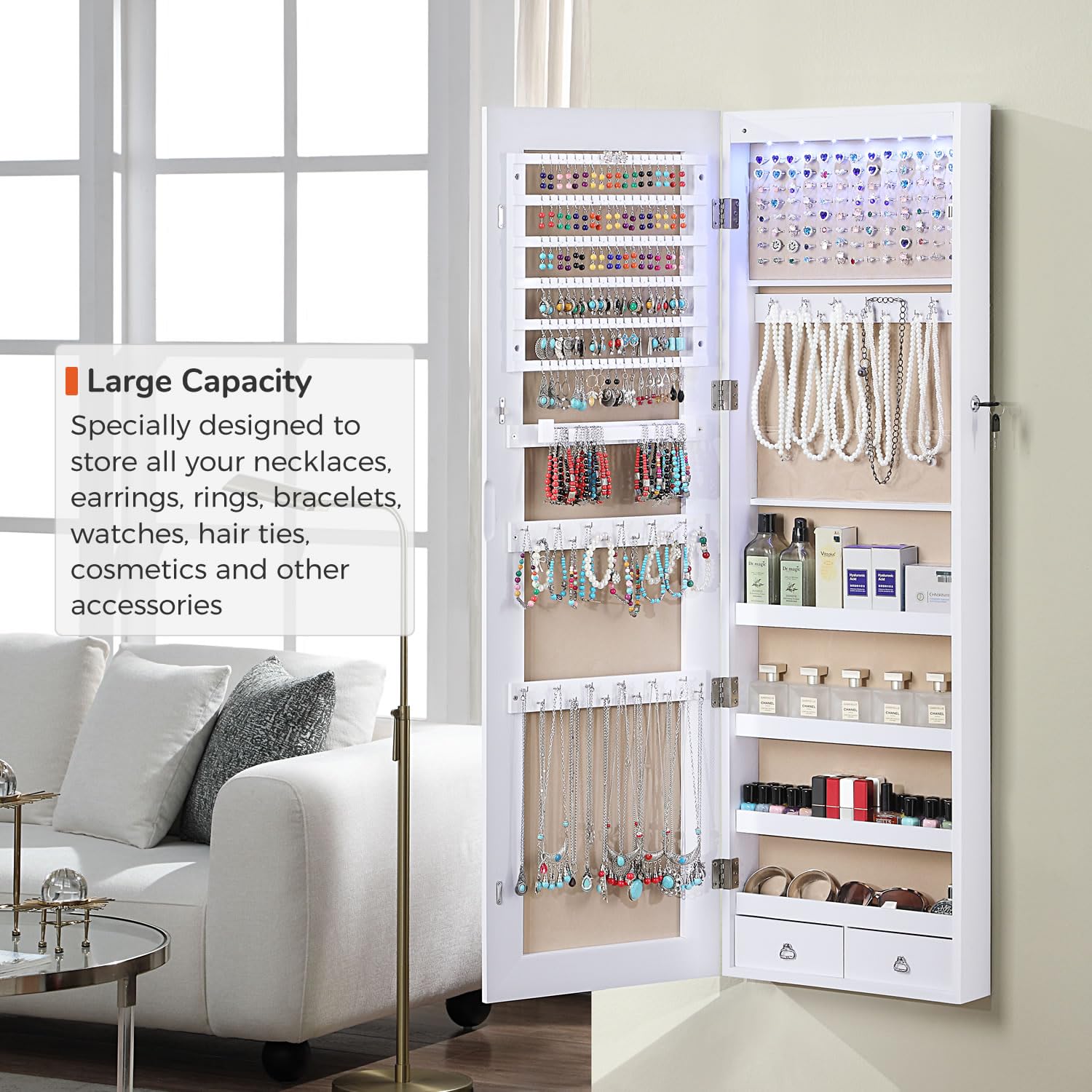 GISSAR Full Length Mirror Jewelry Cabinet, 6 LEDs Jewelry Armoire Wall Mounted Over The Door Hanging, Jewelry Organizer Storage with Lights Lockable, Black, 14.6" x 47.2"
