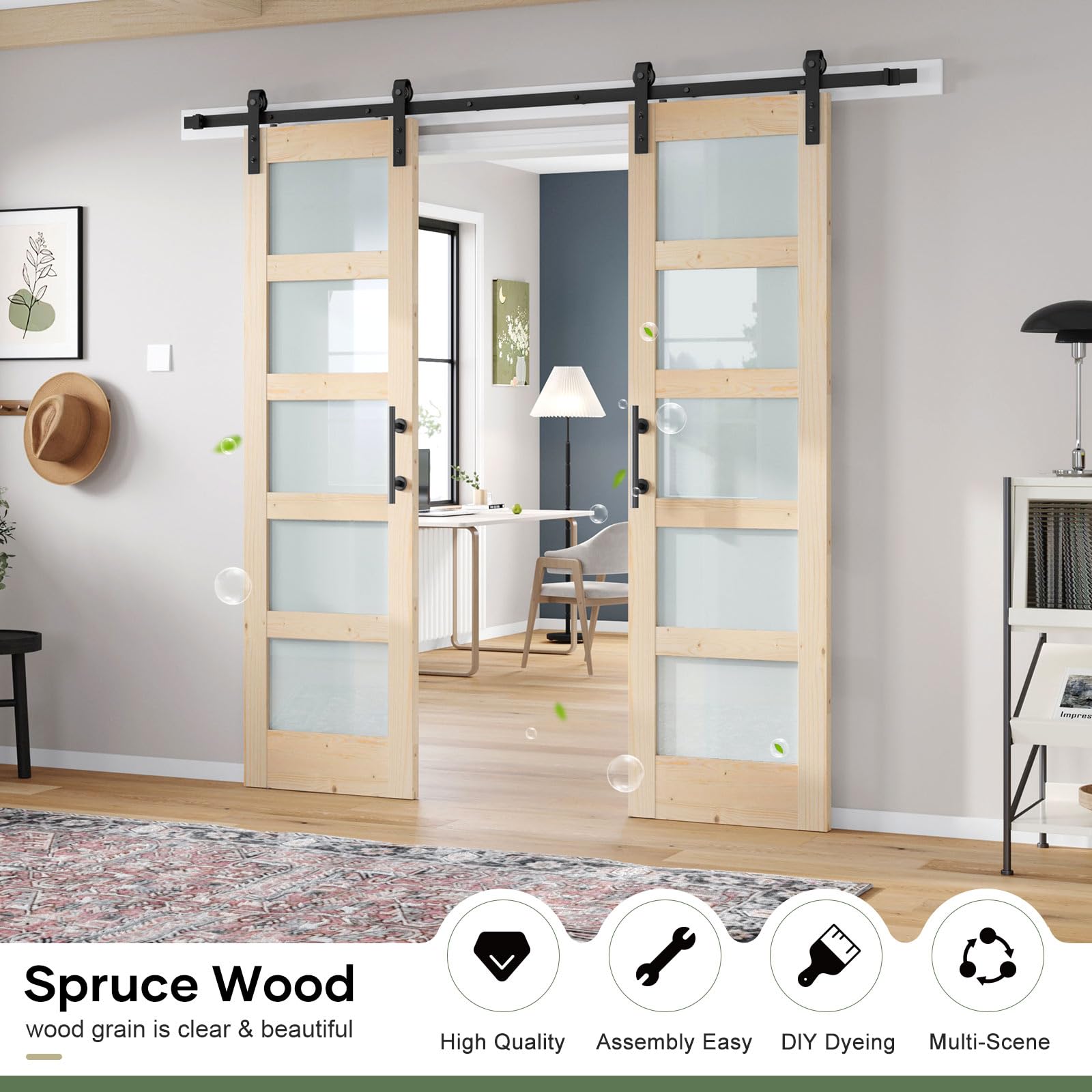 Double 18×84 inch Glass Sliding Barn Door Slab with 6.6ft Hardware Kit Included, 5-Panel Frosted Glass, Spruce Wood Support DIY Dyeing, Easy Assembly