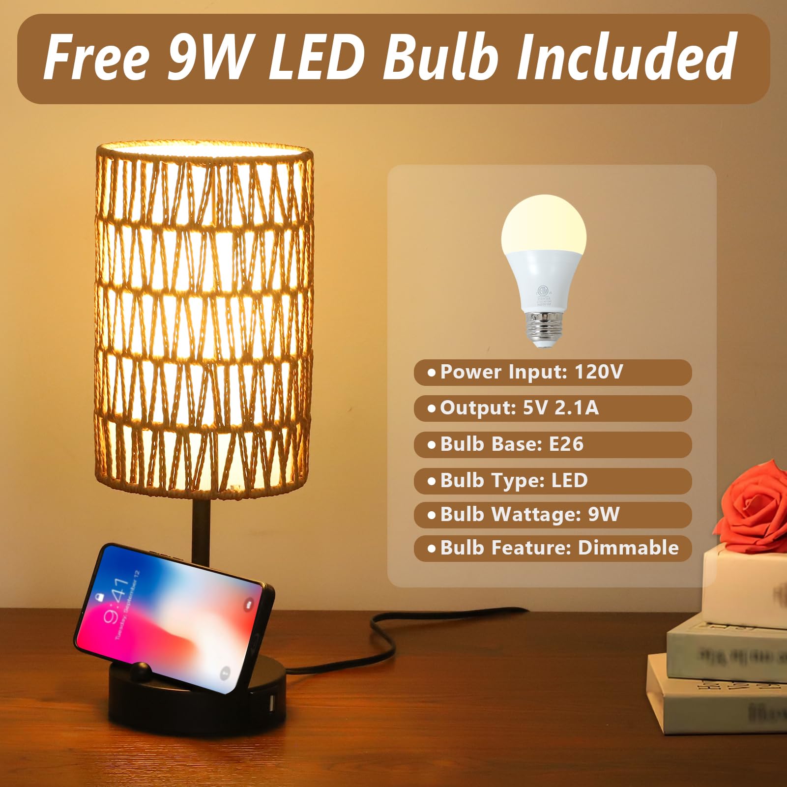 Rattan Bedside Table Lamps Set of 2 - Boho Lamps With 3 Color Temperatures & USB AC Port, Pull Chain Table Lamp For Bedroom, Cute Small Lamp For Nightstand Office Desk Bed Side End Table Living Room