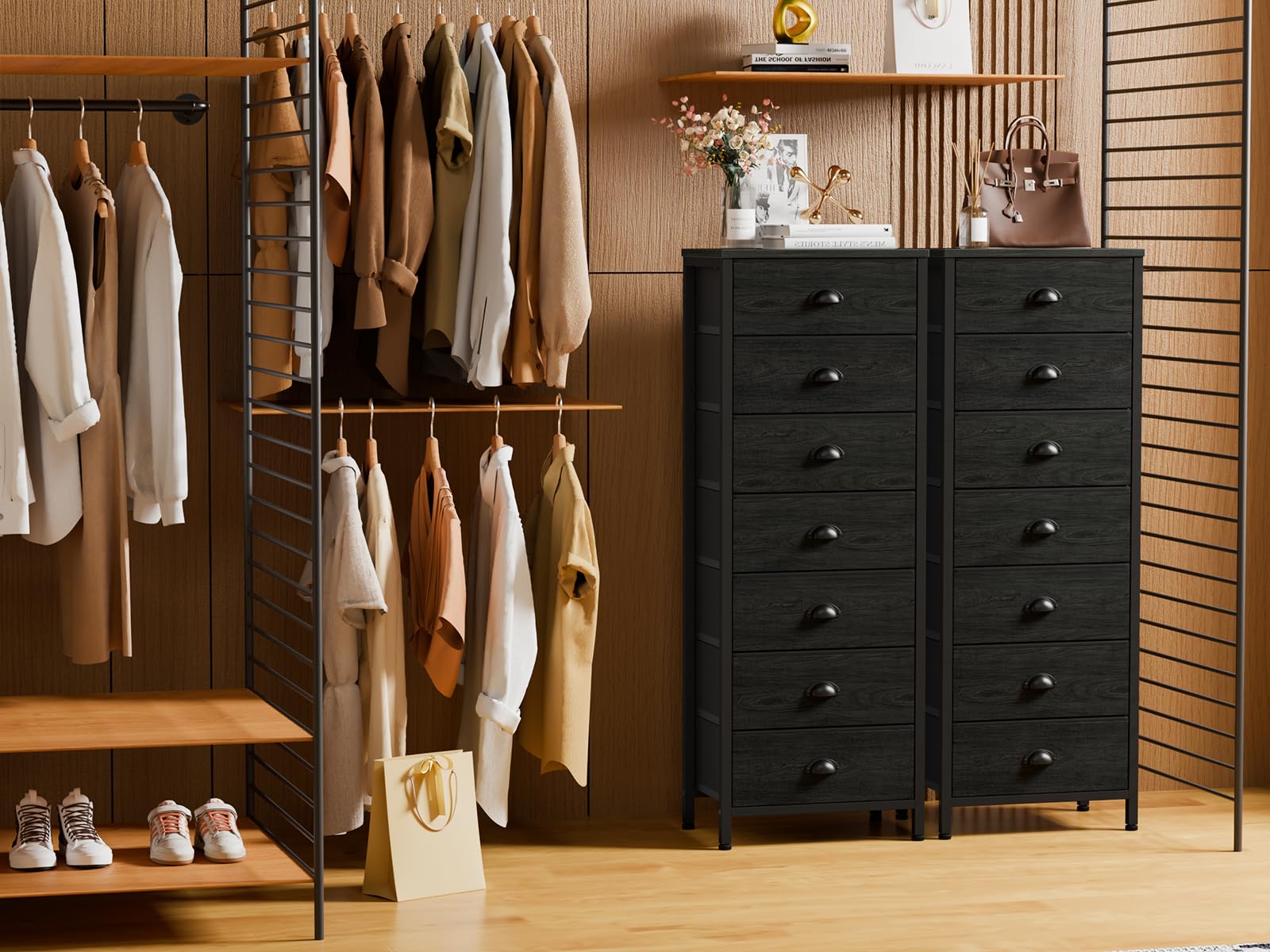 Furnulem Tall Dresser with 6 Drawers,Vertical Bedside End Table & Chest for Bedroom,Black Storage Tower Dorm Nightstand with Fabric Drawer Organizer Unit Furniture in Living Room,Closet,Hallyway