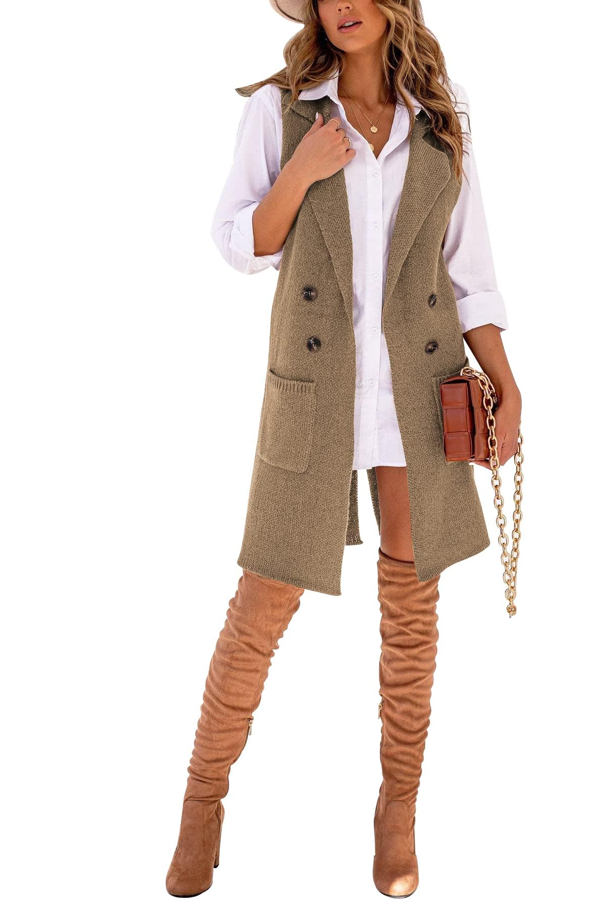 Danedvi Women Open Front Lapel Collar Cardigan Vest Button Down Long Sweaters Cardigan Solid Outerwear Coats