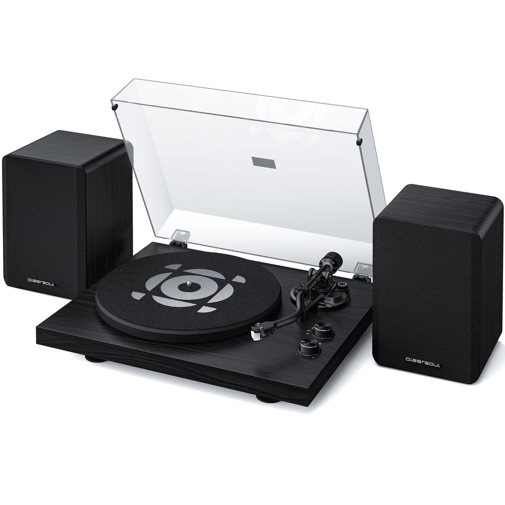 QLEARSOUL SoulBox S1 Vinyl Record Player with Stereo Speakers, Turntable with Built-in Preamp, S-Shaped Tonearm, 33/45 RPM - Black