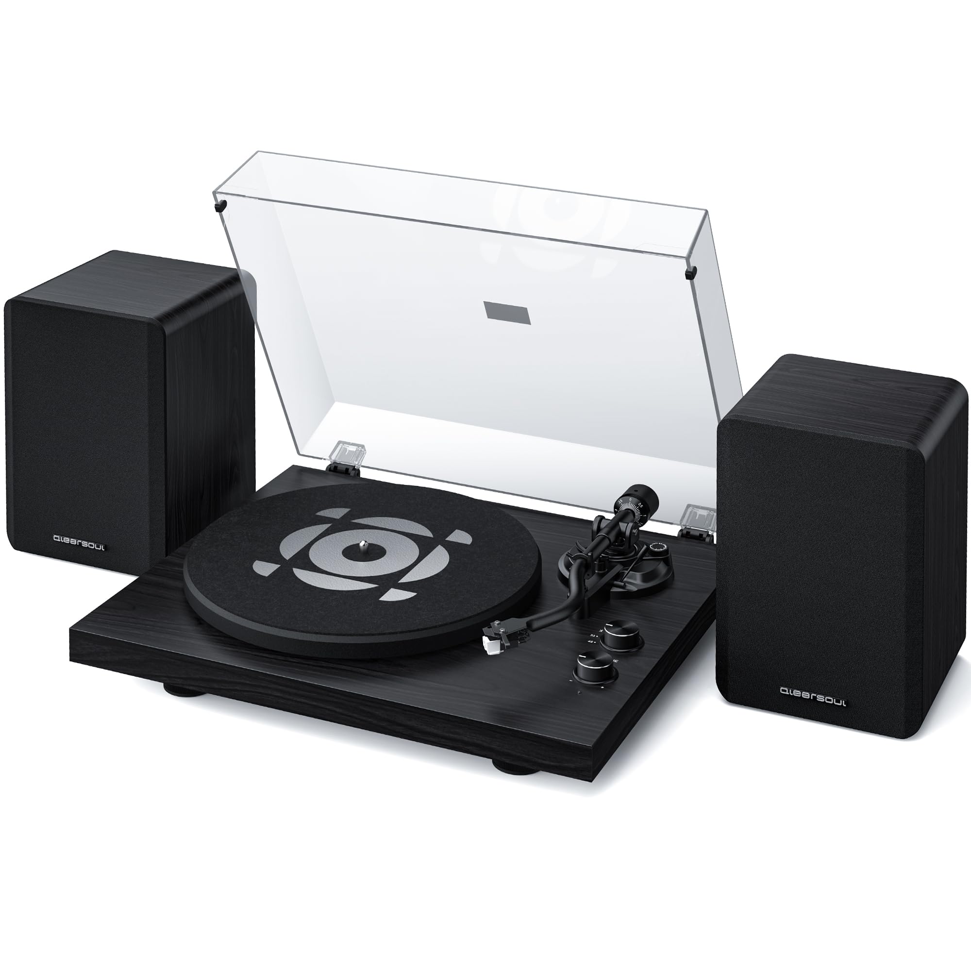 QLEARSOUL SoulBox S1 Vinyl Record Player with Stereo Speakers, Turntable with Built-in Preamp, S-Shaped Tonearm, 33/45 RPM - Black