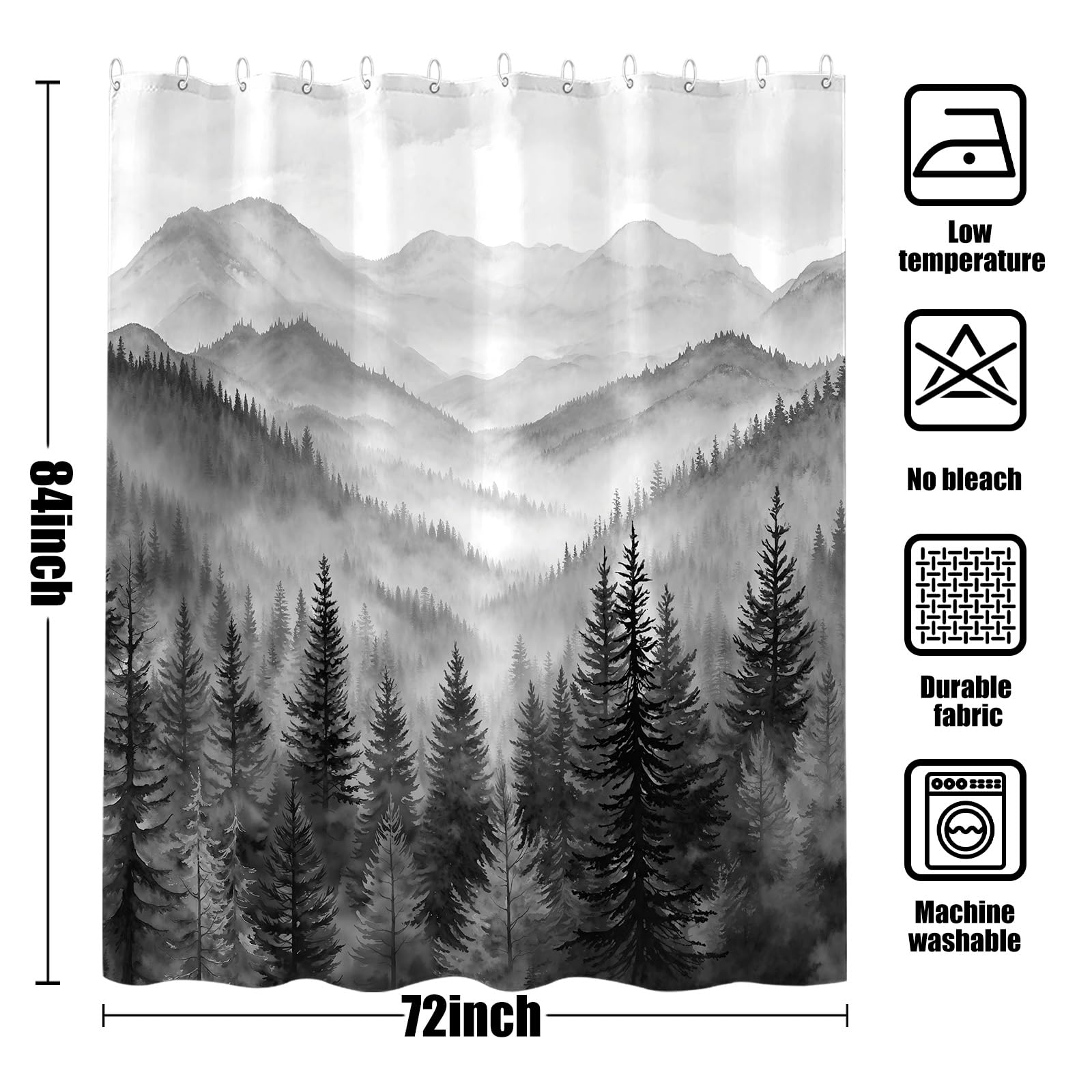 Stall Small Black and White Misty Forest Shower Curtain Ombre Gray Grey Mountain Pine Tree Waterproof Fabric Shower Curtains for Bathroom Nature Woodland Decorative Bath Curtain Decor 36×72 Inches