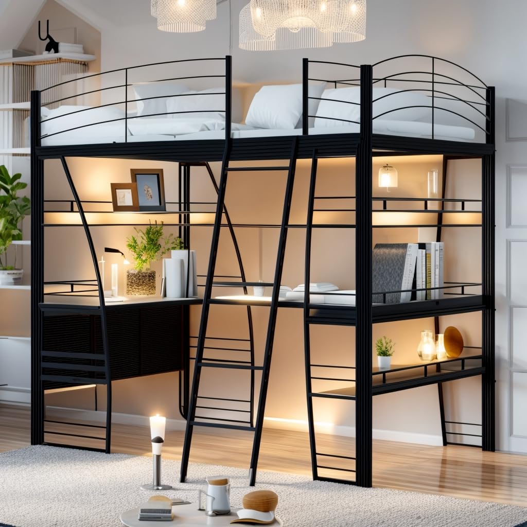 DNYN Twin Size Loft Bed with Desk & Storage Drawers& Table Set for Kids Bedroom,Covertible Twin-Over-Twin Bunkbeds Design,Easy Assemble & Space Saving & No Box Spring Needed,for Small Space, Black