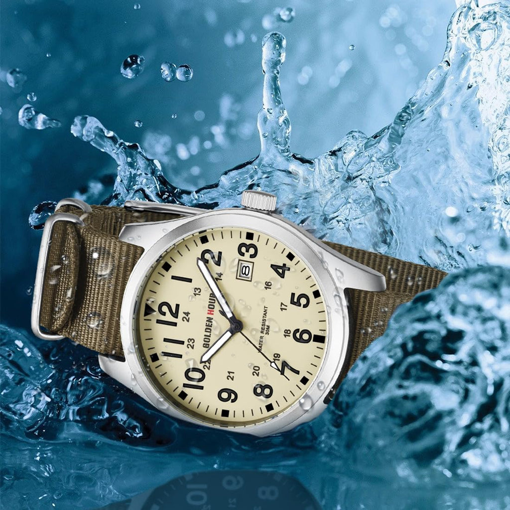 GOLDEN HOUR Men's Nylon Slip-Thru Strap Watch with Military Time Easy Read Dial Glowing Hands