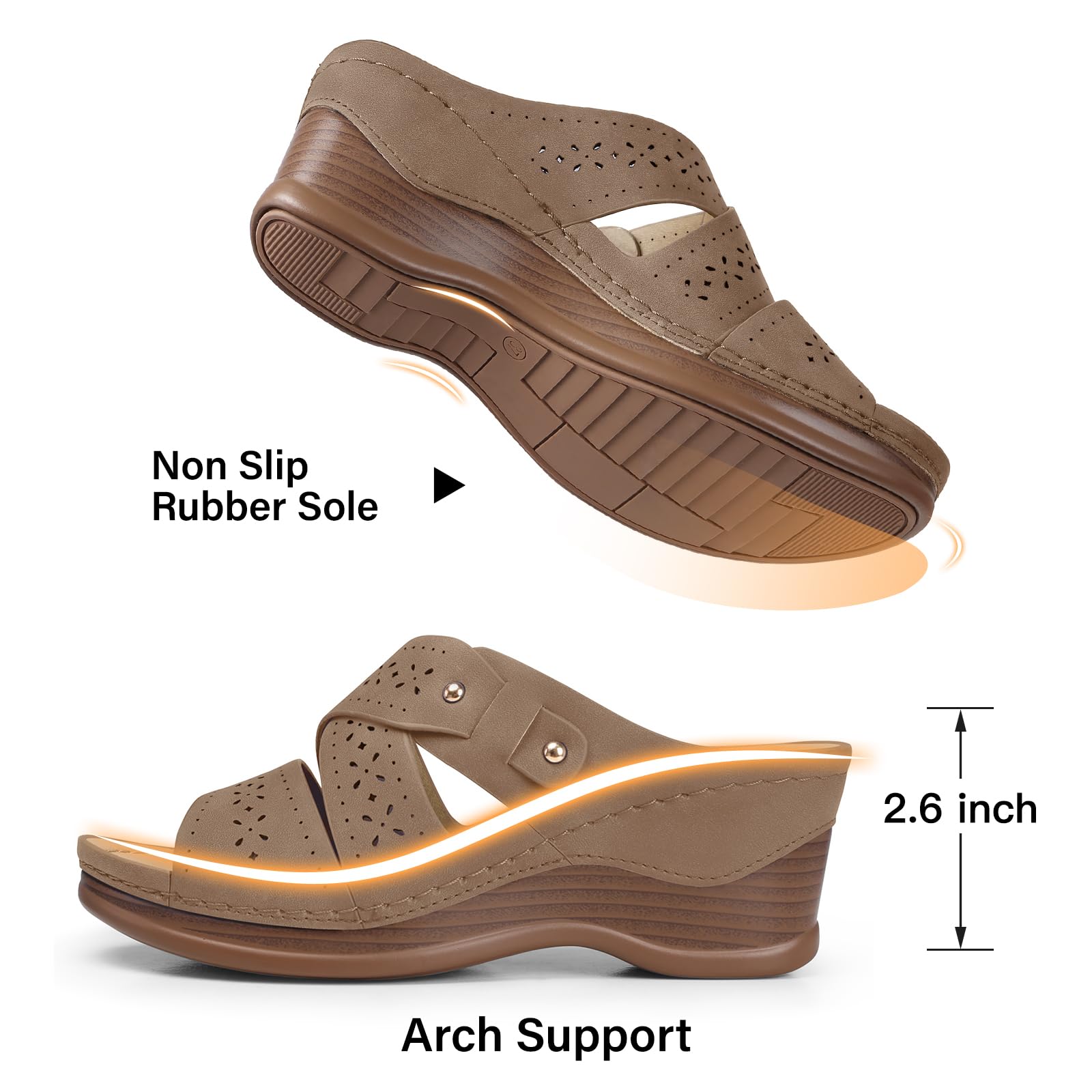 TEMOFON Wedge Sandals for Women Summer: Dressy Low Heel Sandals Black/Navy/White, Comfortable Walking, Arch support, Casual Slip on Summer Shoes, Size 5-11