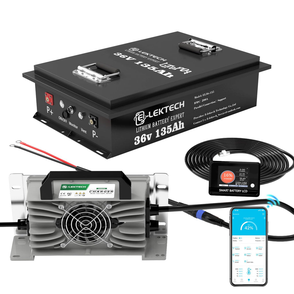 36V 100Ah LiFePO4 Lithium Golf Cart Battery with Charger, Built-in Smart 200A BMS, with Touch Monitor, Perfect for Golf Carts, Off-grid