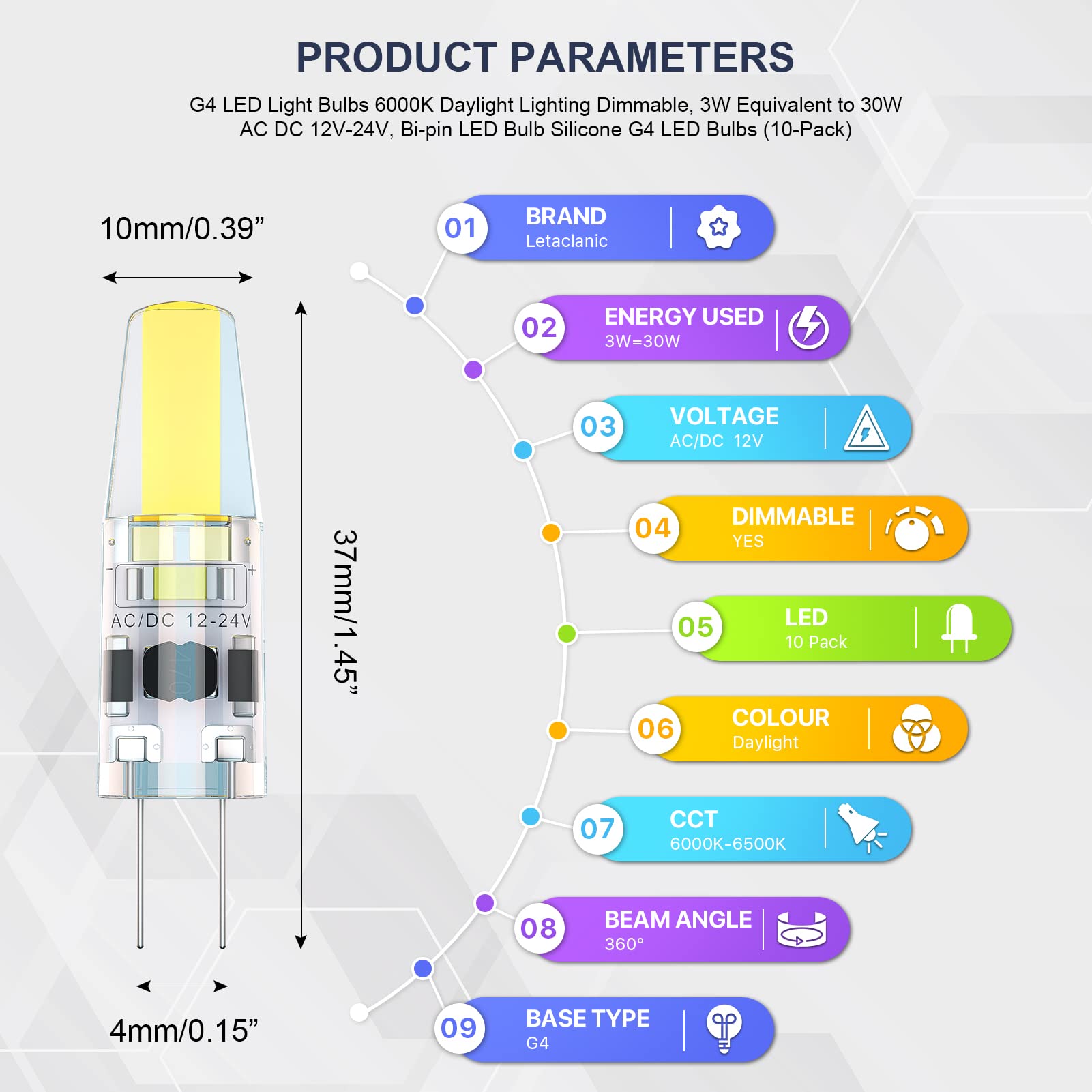 G4 LED Light Bulbs 6000K Day Light Lighting Dimmable, 3W Equivalent to 30W AC DC 12V-24V, Bi-pin LED Bulb Silicone G4 LED Bulbs (10-Pack)
