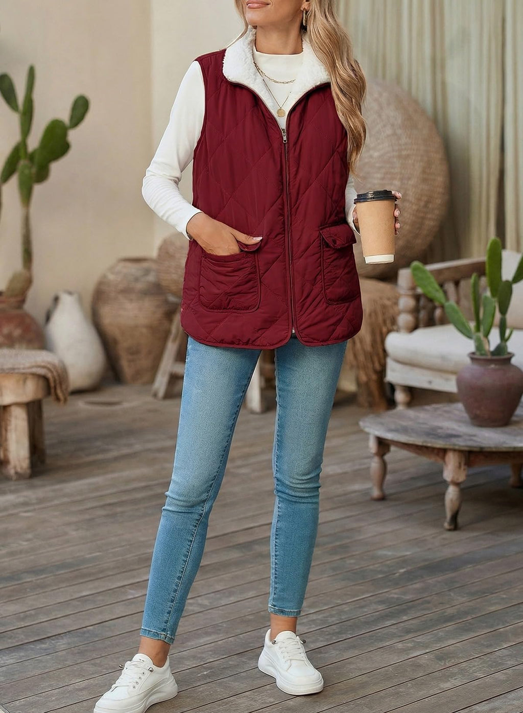 SHEWIN Women Puffer Vest Casual Stand Collar Sleeveless Puffer Jacket Warm Winter Reversible Zip Up Outerwear with Pockets