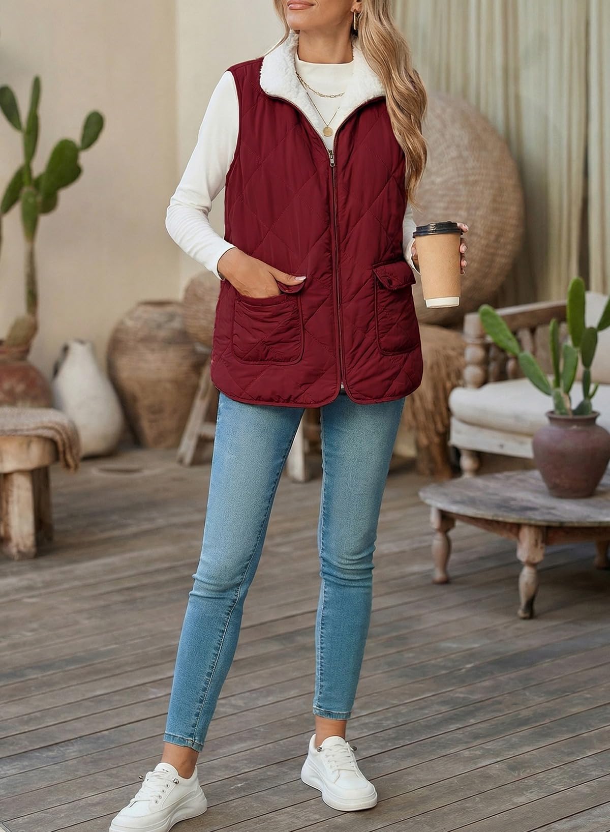 SHEWIN Women Puffer Vest Casual Stand Collar Sleeveless Puffer Jacket Warm Winter Reversible Zip Up Outerwear with Pockets