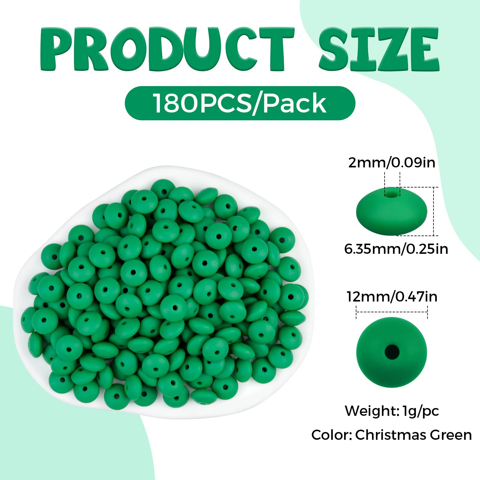 FIVEIZERO 180PCS Silicone Lentil Beads,12mm Spacer Beads | Flexible Silicone, 2mm Hole Design, Easy to Thread, Fade Resistant, Easy to Clean