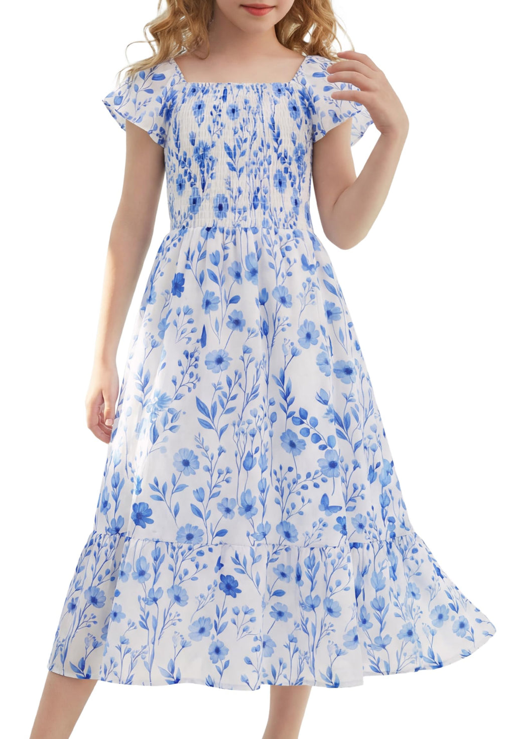 GRACE KARIN Girls Flutter Sleeve Floral Dresses Girl Long Midi Spring Dress Kids Smocked Flare Summer Dress 6-16Y