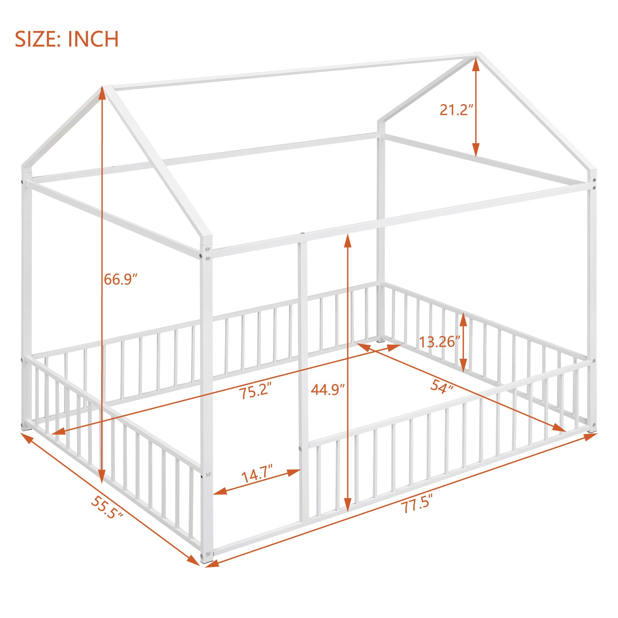 Bellemave Twin Size Montessori Floor Bed, Metal House Bed Framefor Kids, Montessori Floor Beds with Fence, Playhouse for Kids,Black